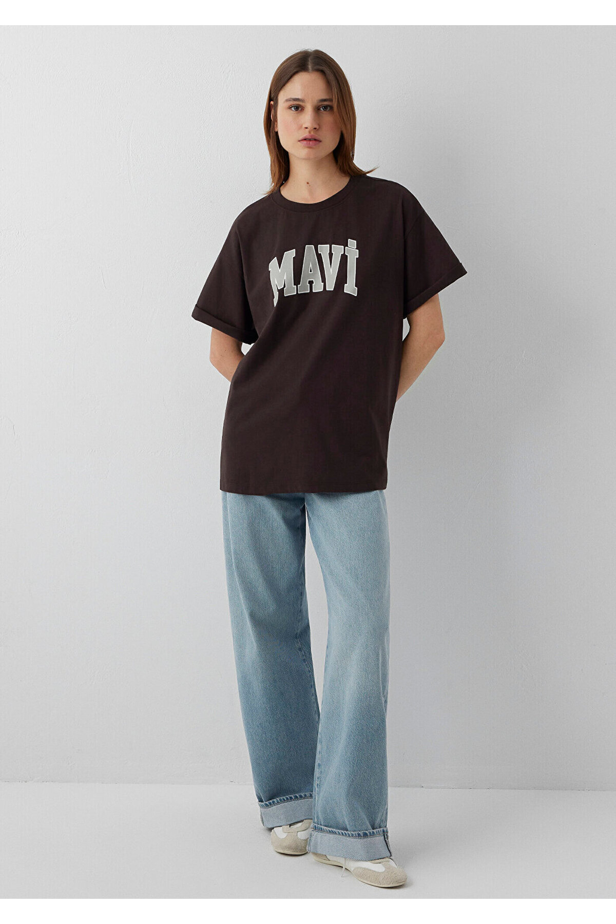 Mavi Logo Baskılı Kahverengi Tişört Oversize / Geniş Kesim 1600843-70240 görsel 3