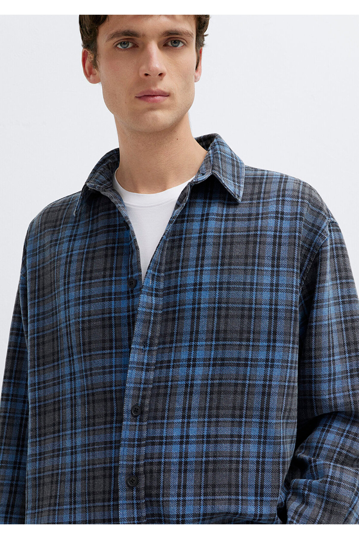 Mavi Lacivert Ekose Gömlek Oversize / Geniş Kesim 0211906-91453 görsel 2