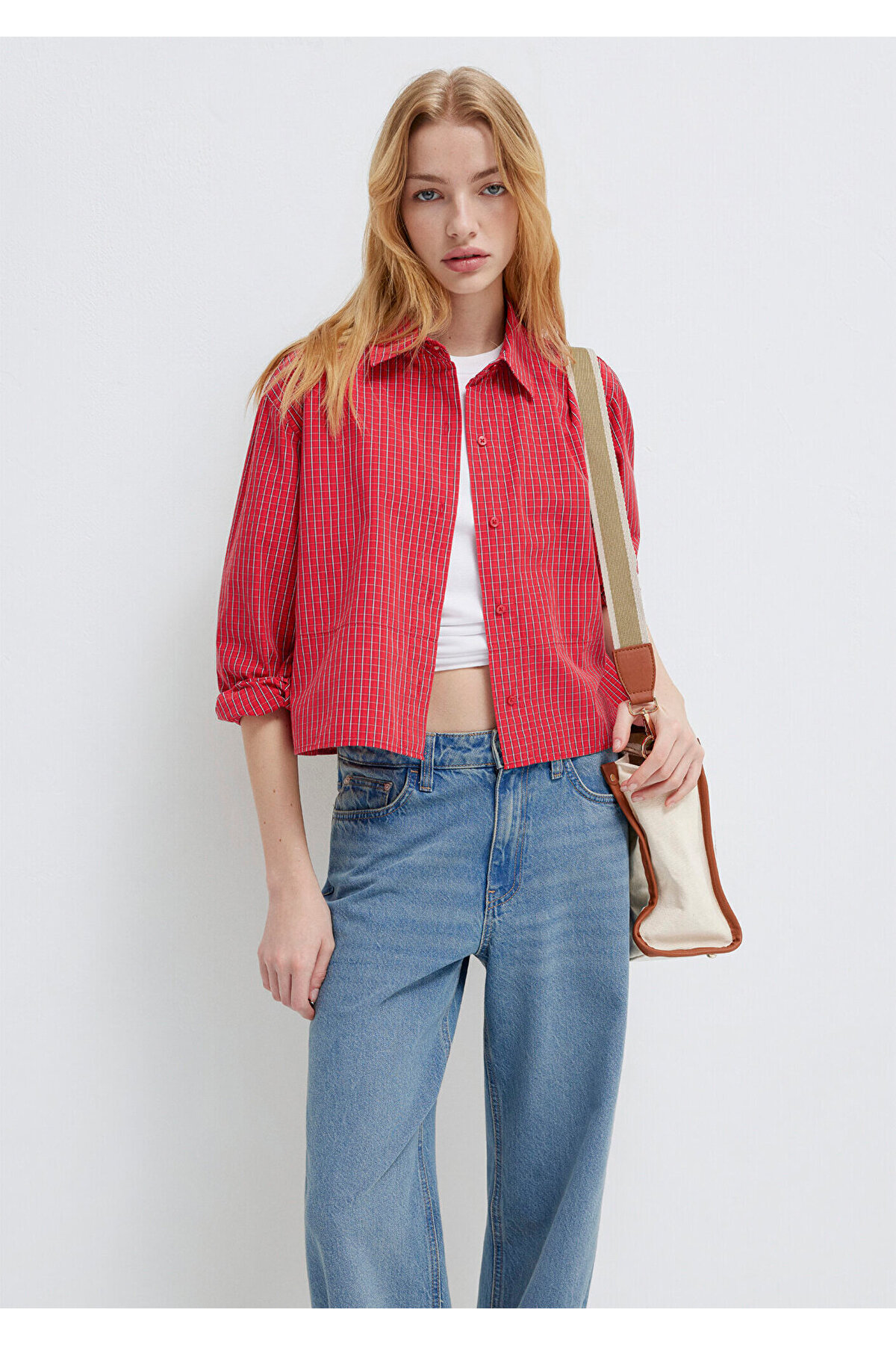Mavi Ekose Kırmızı Crop Gömlek Loose Fit / Bol Rahat Kesim 1211401-83904 görsel 2