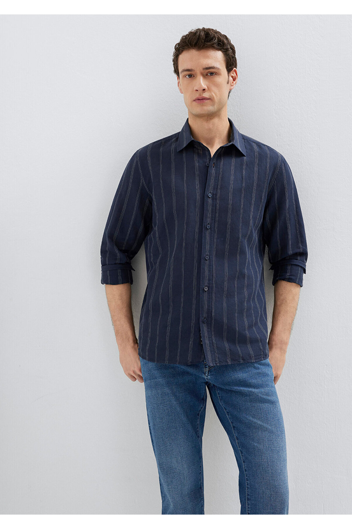 Mavi Keten Karışımlı Çizgili Lacivert Gömlek Regular Fit / Normal Kesim 0211979-91592 görsel 2