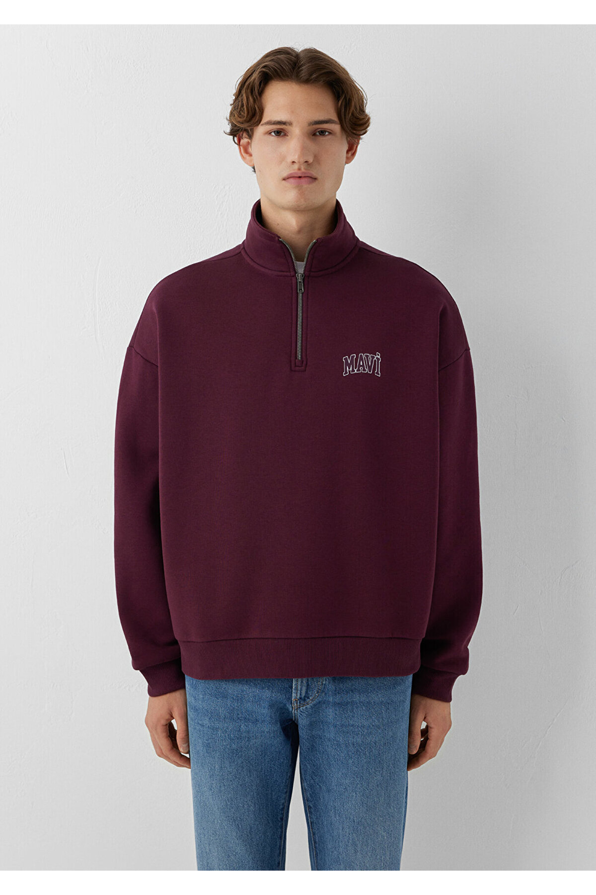 Mavi M0S10208 Logo Baskılı Yarı Fermuarlı Erkek Sweatshirt BORDO görsel 3