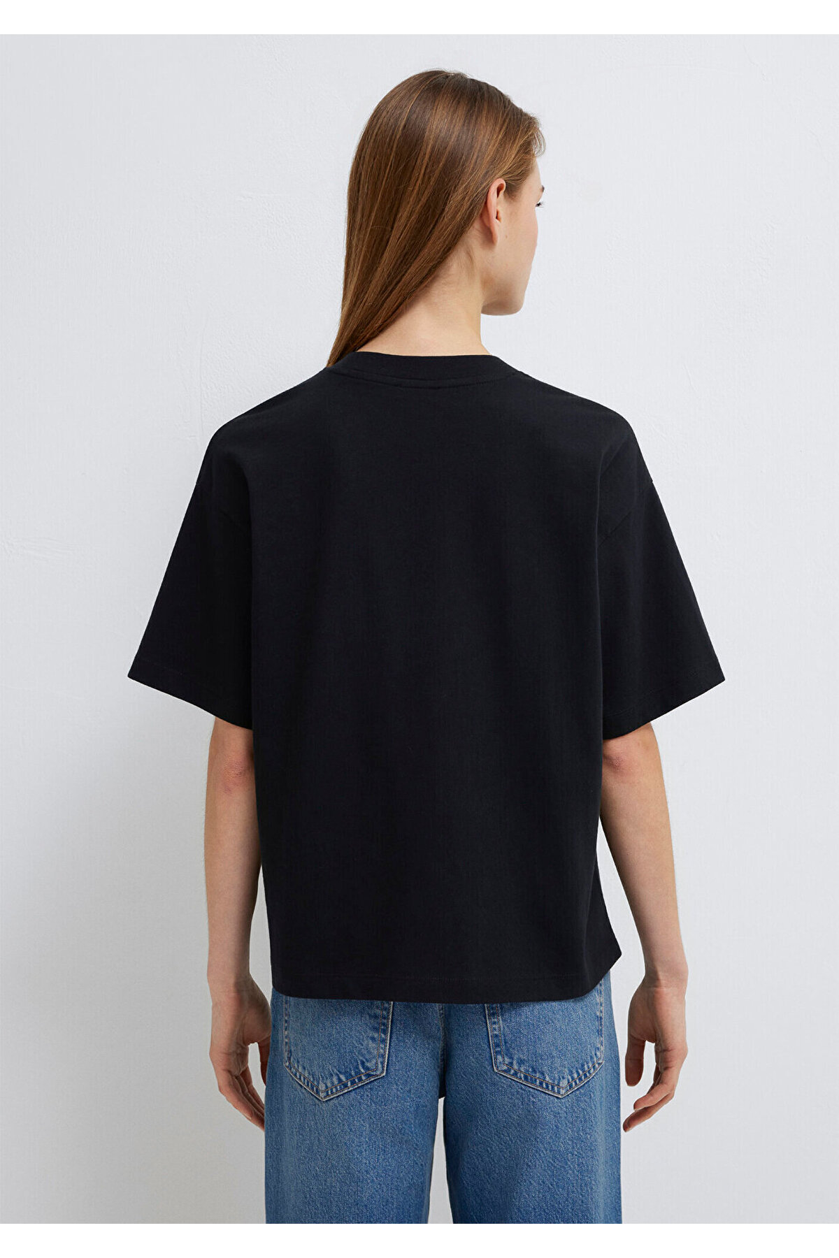 Mavi Nakışlı Siyah Basic Tişört Loose Fit / Bol Rahat Kesim 1613225-900 görsel 5