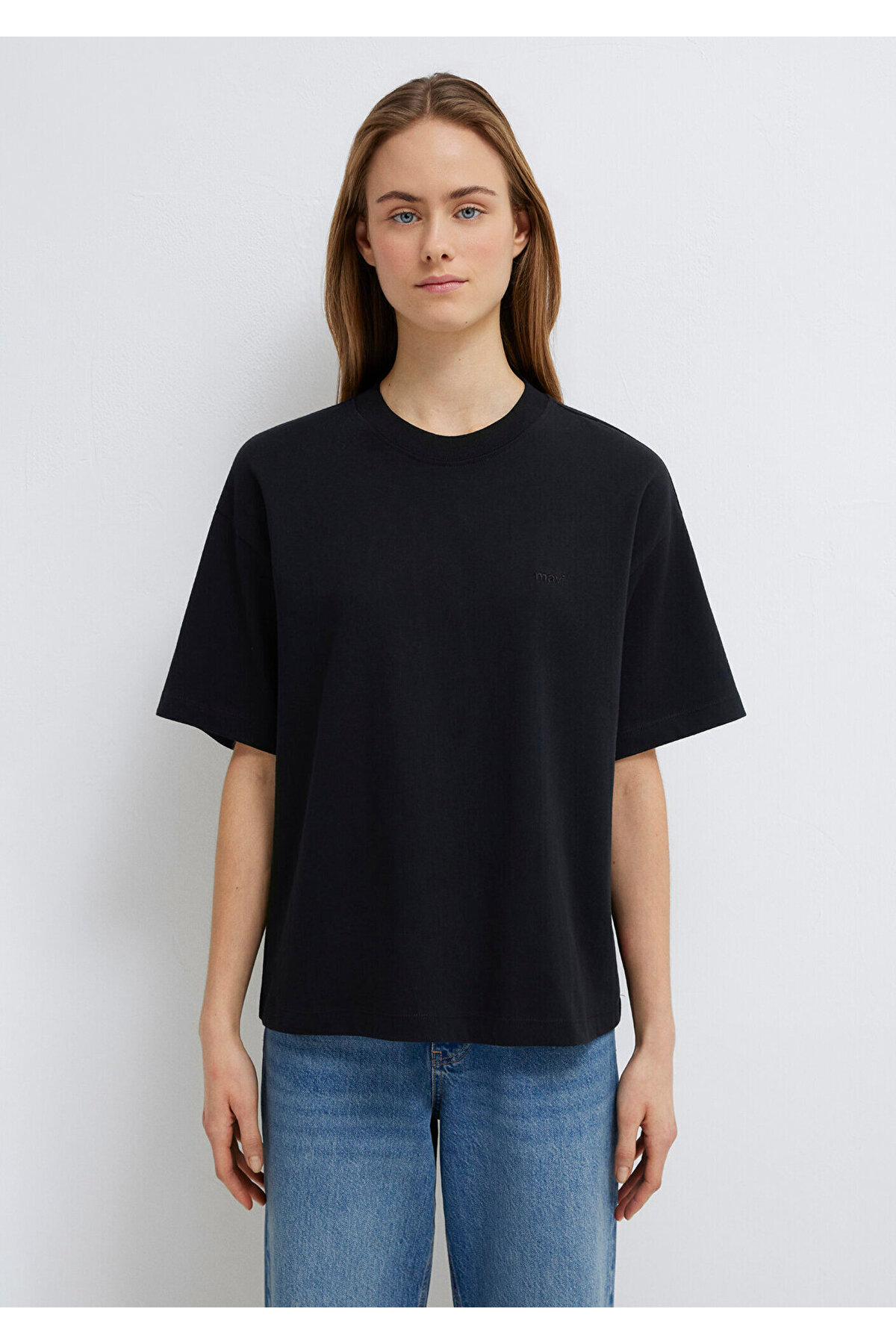 Mavi Nakışlı Siyah Basic Tişört Loose Fit / Bol Rahat Kesim 1613225-900 görsel 3