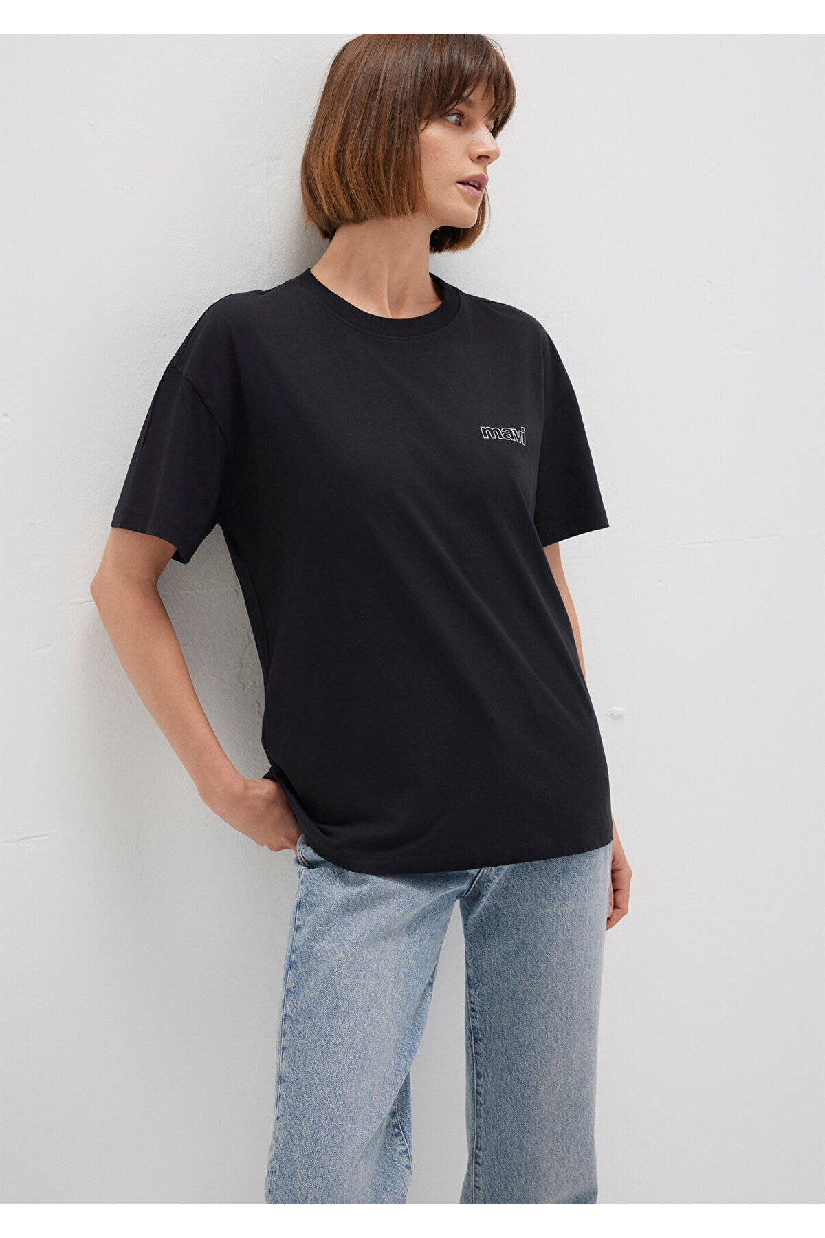 Mavi Logo Baskılı Siyah Tişört Loose Fit / Bol Rahat Kesim 1611309-900 görsel 2
