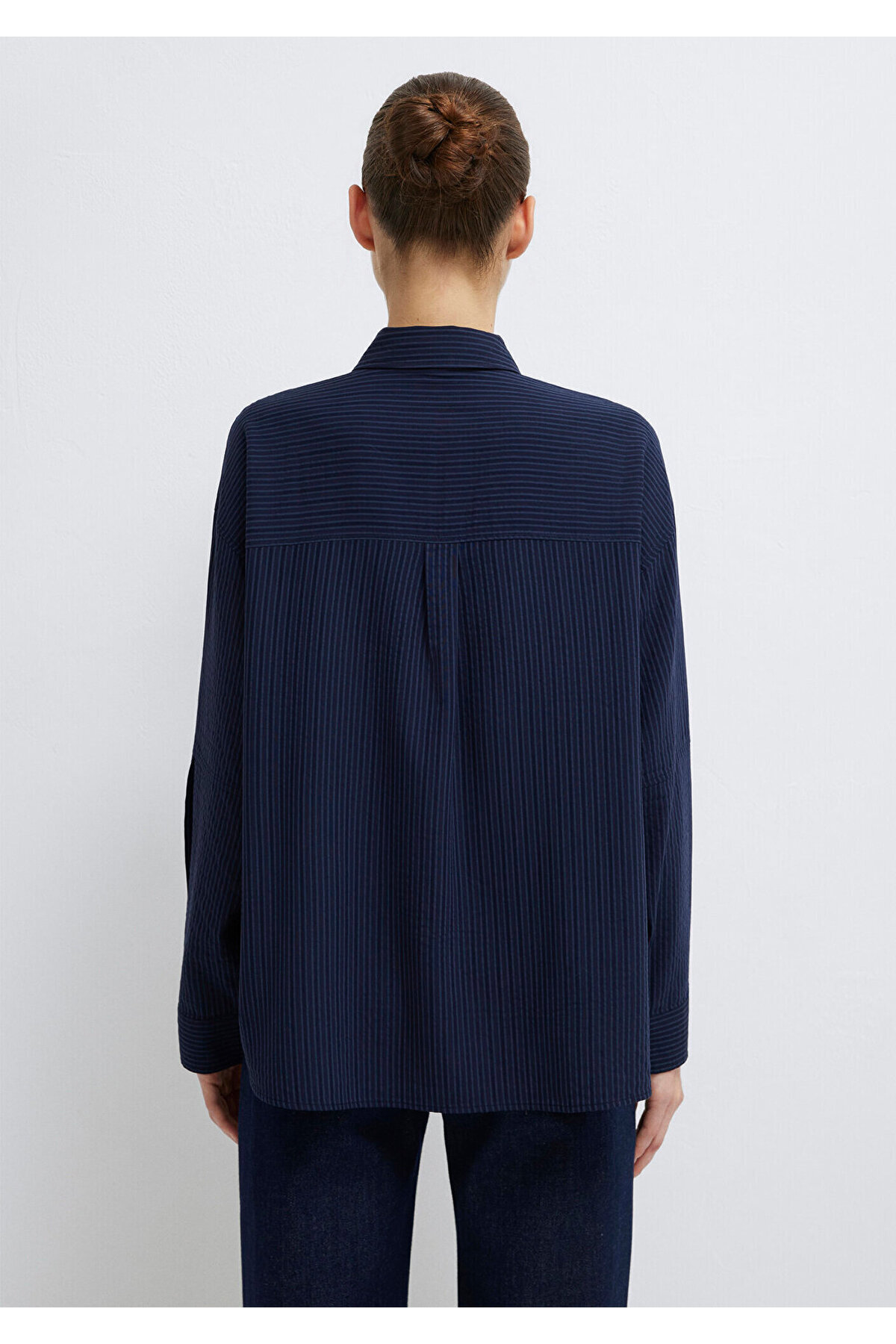 Mavi Çizgili Lacivert Gömlek Oversize / Geniş Kesim 1210878-83699 görsel 5