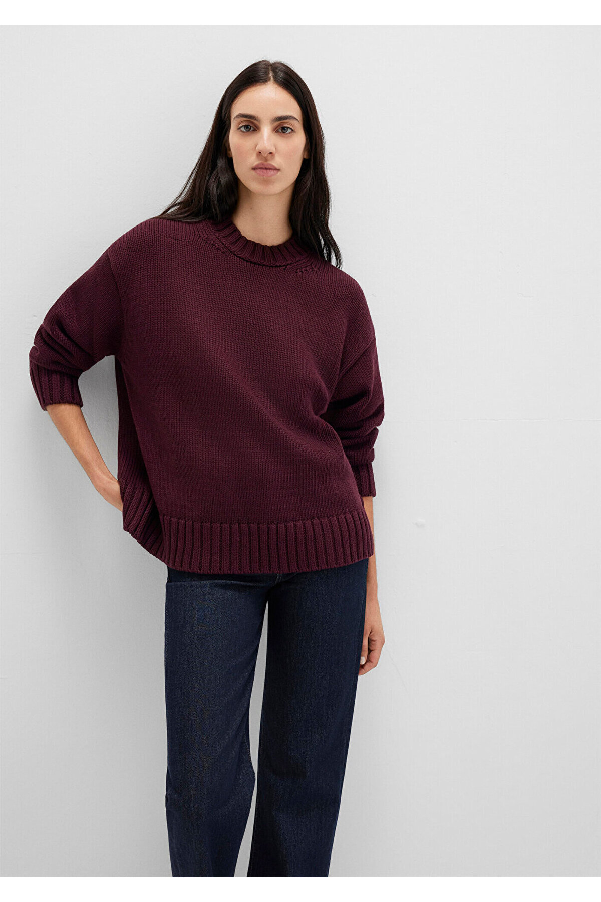 Mavi Bisiklet Yaka Bordo Kazak Oversize / Geniş Kesim 1710516-70434 görsel 3