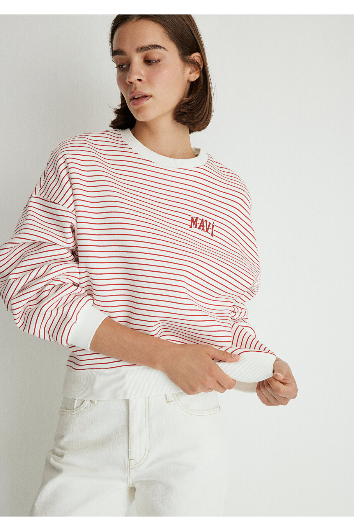 Mavi Logo Baskılı Kırmızı Çizgili Sweatshirt 1S10100-86680 görsel 5