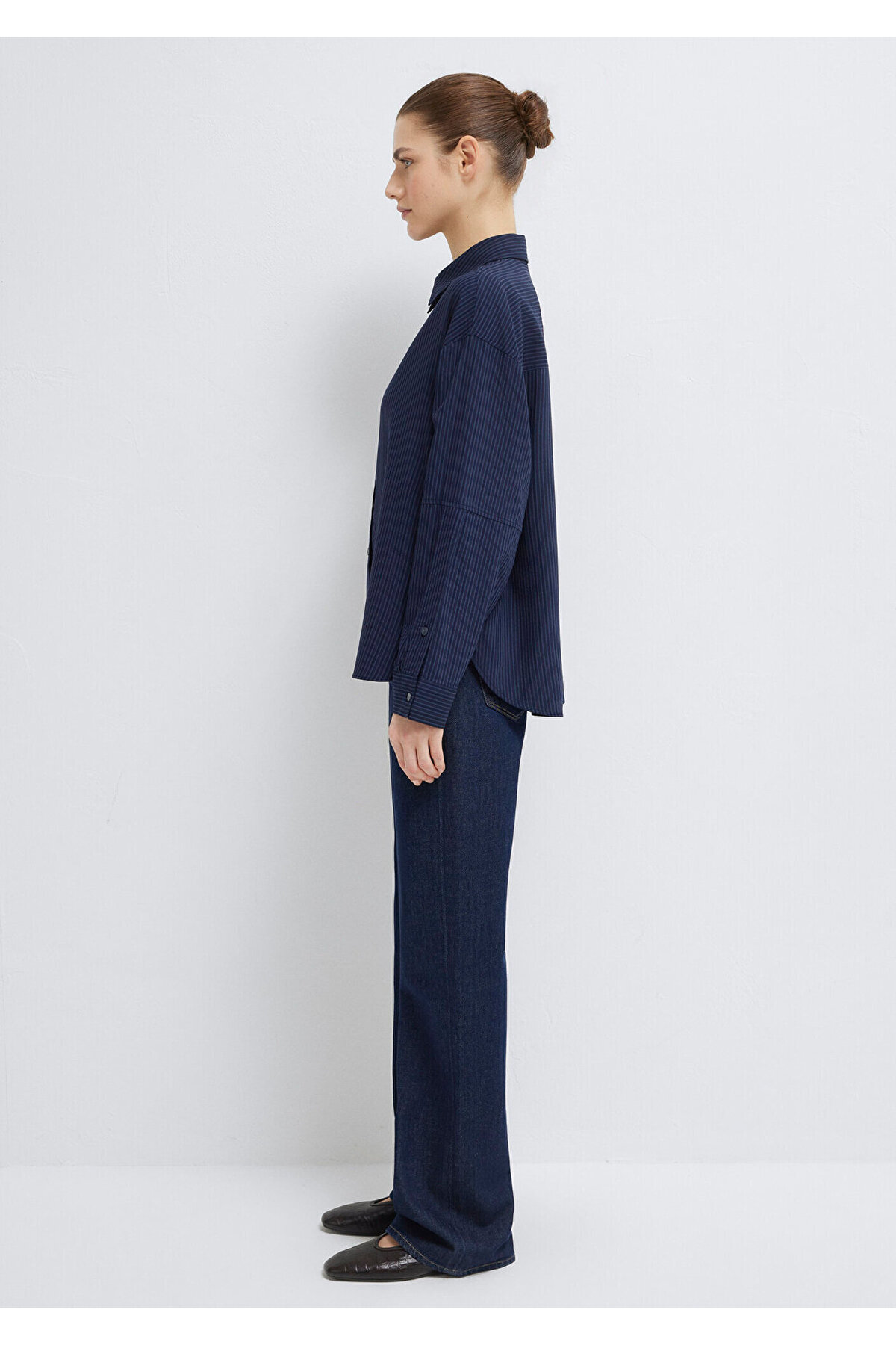 Mavi Çizgili Lacivert Gömlek Oversize / Geniş Kesim 1210878-83699 görsel 4