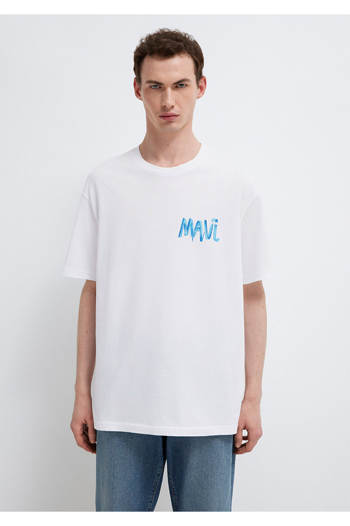 Mavi Baskılı Beyaz Tişört Loose Fit / Bol Rahat Kesim 0612468-620 görsel 3