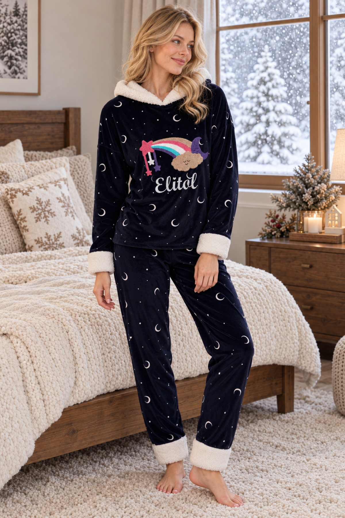 ELİTOL Kadife Rainbow Kadın Pijama Takımı, Lacivert görsel 2