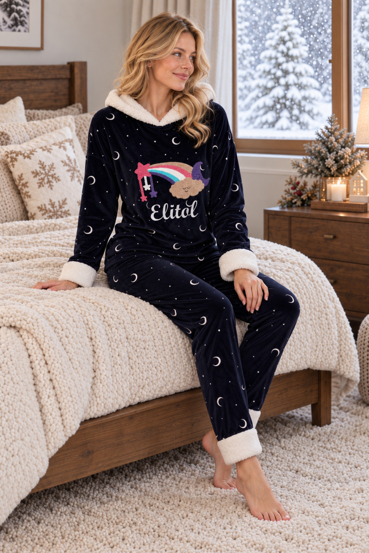 ELİTOL Kadife Rainbow Kadın Pijama Takımı, Lacivert