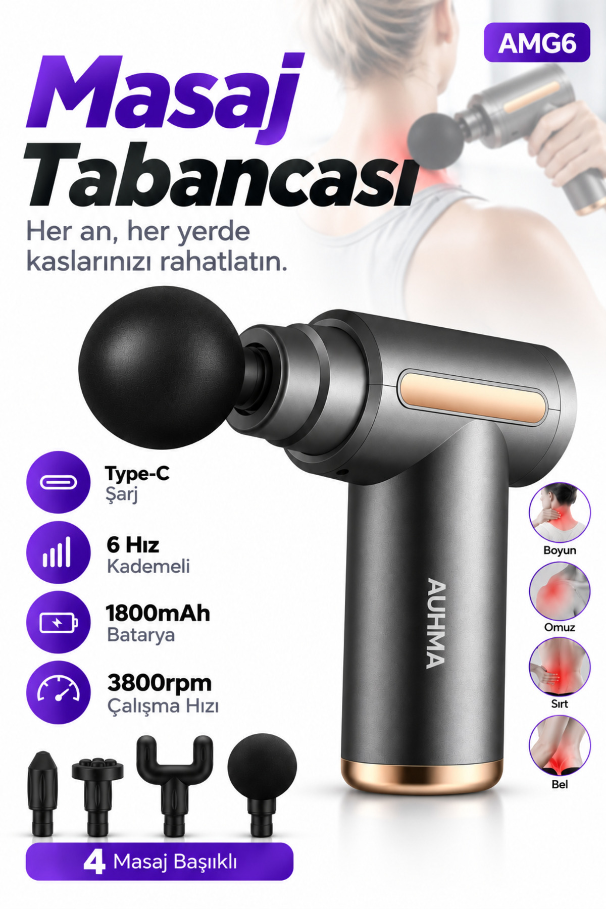 auhma AMG6 Masaj Tabancası – 6 Kademeli, Derin Doku Masajı, Yüksek Tork Motor