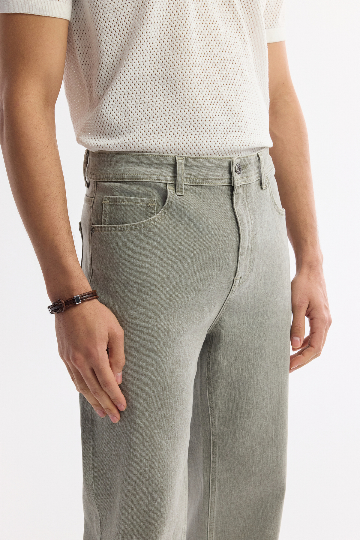 Avva Erkek Haki Klasik Bel %100 Pamuk Eskitme Yıkamalı Tokyo Straight Fit Jean Pantolon A51Y3542 görsel 5