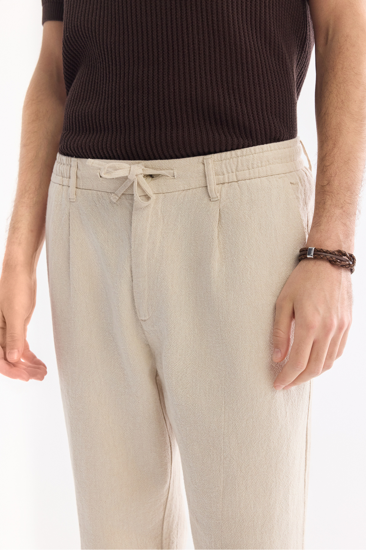 Avva Erkek Bej Beli Bağcıklı Keten Karışımlı Chino Relaxed Fit Pantolon B003036 görsel 5