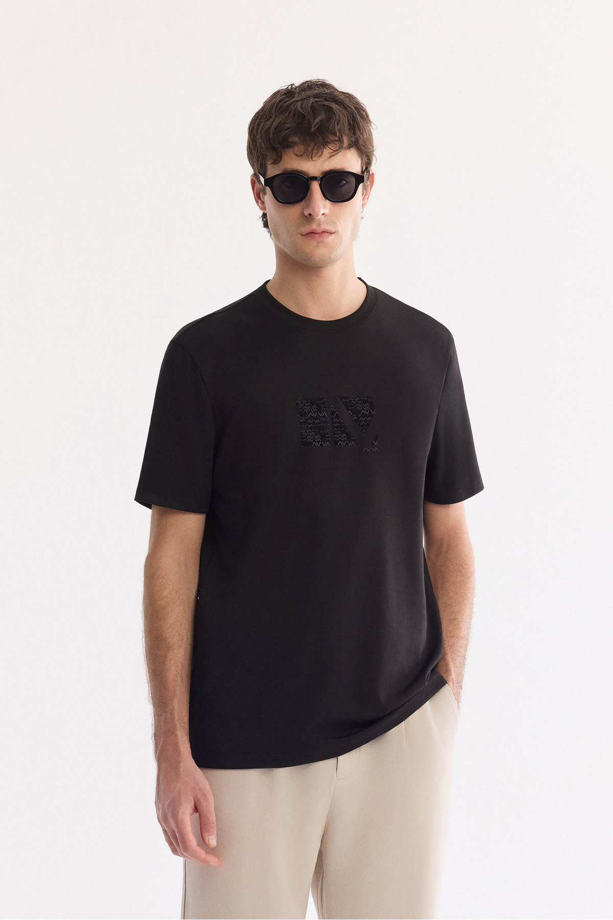 Avva Erkek Siyah Bisiklet Yaka Baskılı Viskon Karışımlı Bi-Stretch Regular Fit T-shirt A61Y1160