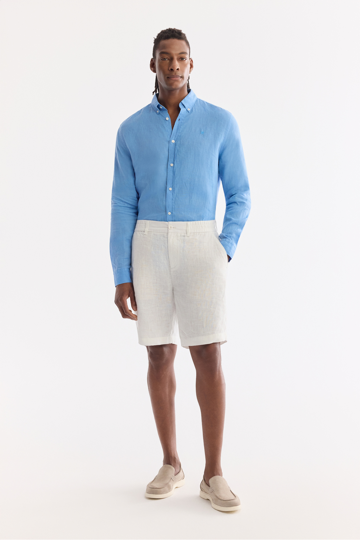 Avva Erkek Beyaz Beli Lastikli %100 Keten Relaxed Fit Şort B003732 görsel 8