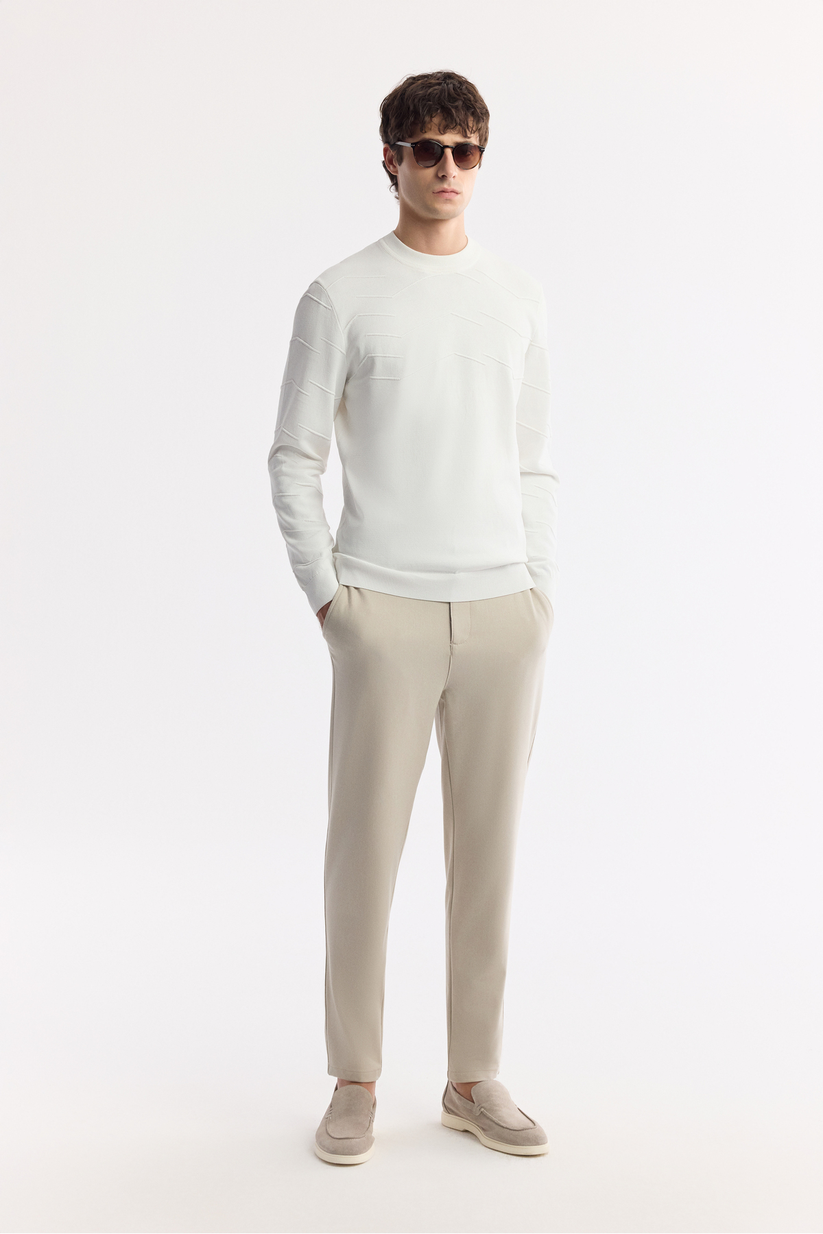 Avva Erkek Ekru Bisiklet Yaka Dokulu Rayon Tüylenmeyen Regular Fit Triko Kazak A51Y5022 görsel 6