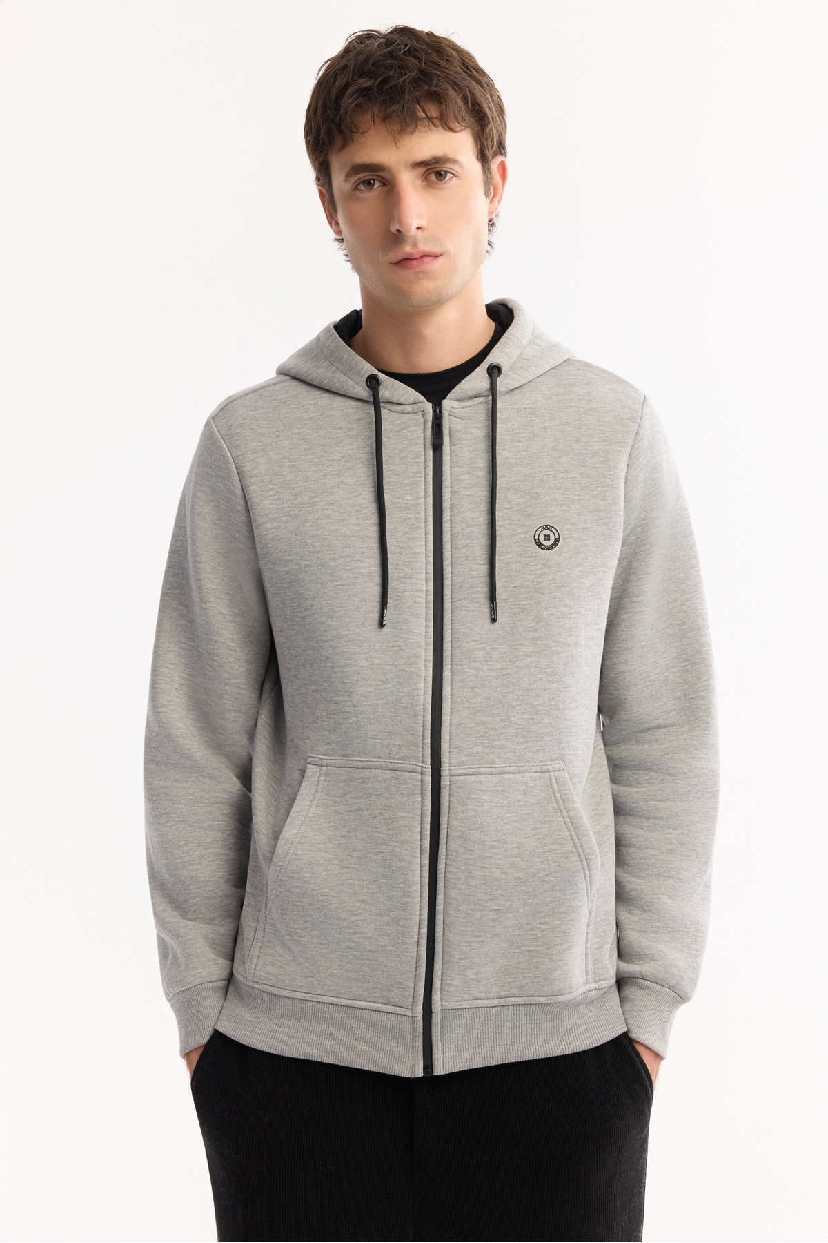 Avva Erkek Gri Kapüşonlu 3 İplik Şardonlu Fermuarlı Regular Fit Sweatshirt E001019 görsel 5