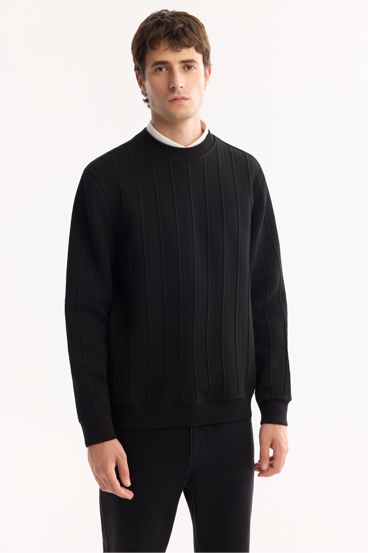 Avva Erkek Siyah Bisiklet Yaka Çizgili Elastan Regular Fit Sweatshirt A52Y1218 görsel 2