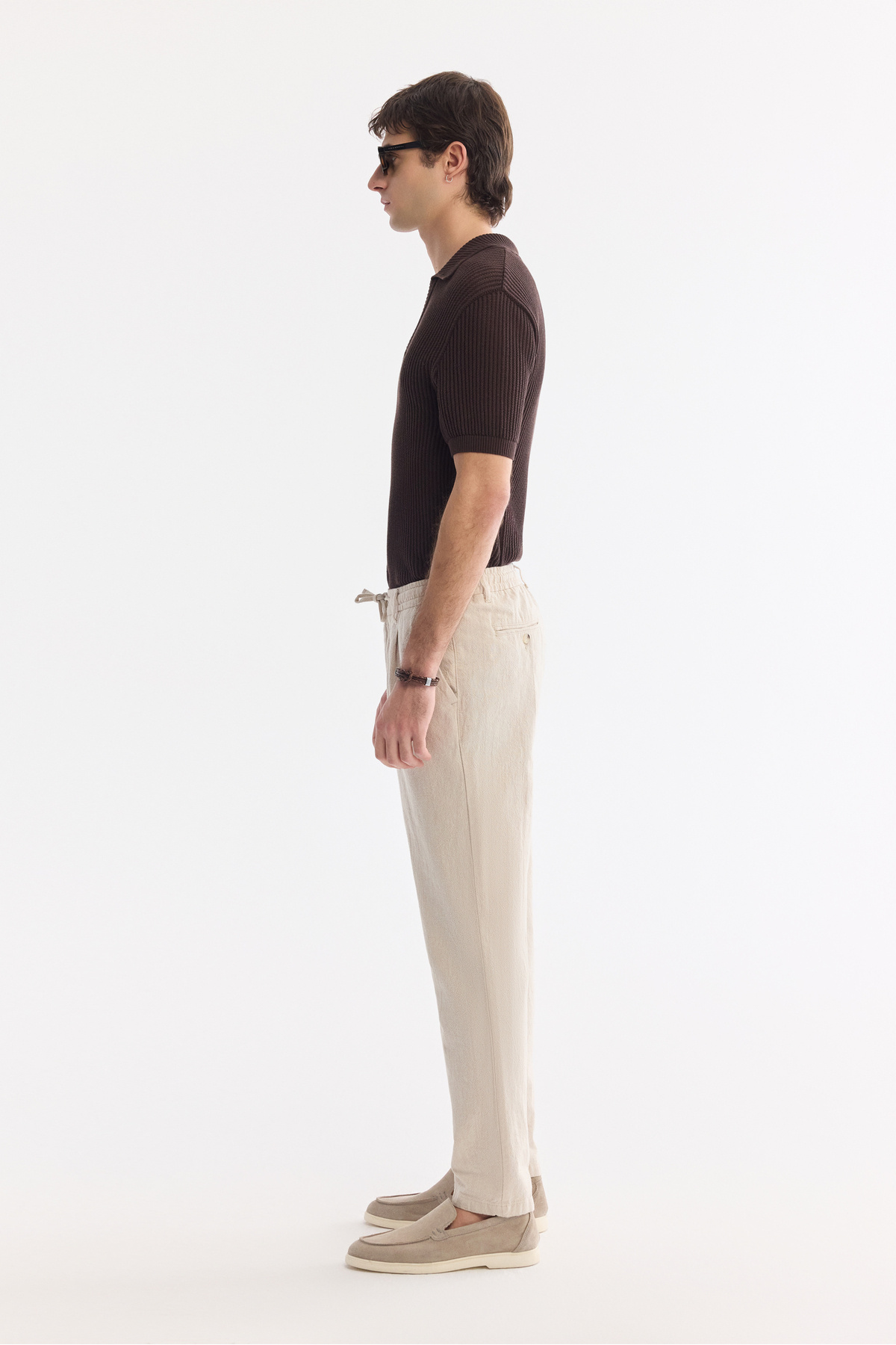 Avva Erkek Bej Beli Bağcıklı Keten Karışımlı Chino Relaxed Fit Pantolon B003036 görsel 2