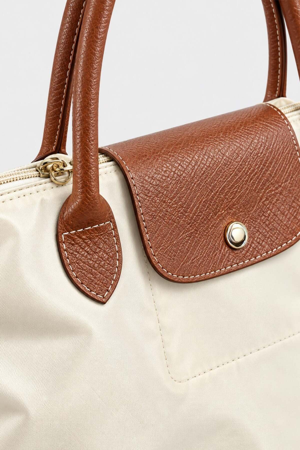 birizmoda Kadın Deri Saplı Katlanabilir Büyük Boy Shopper El ve Omuz Çantası - Krem-Taba görsel 5