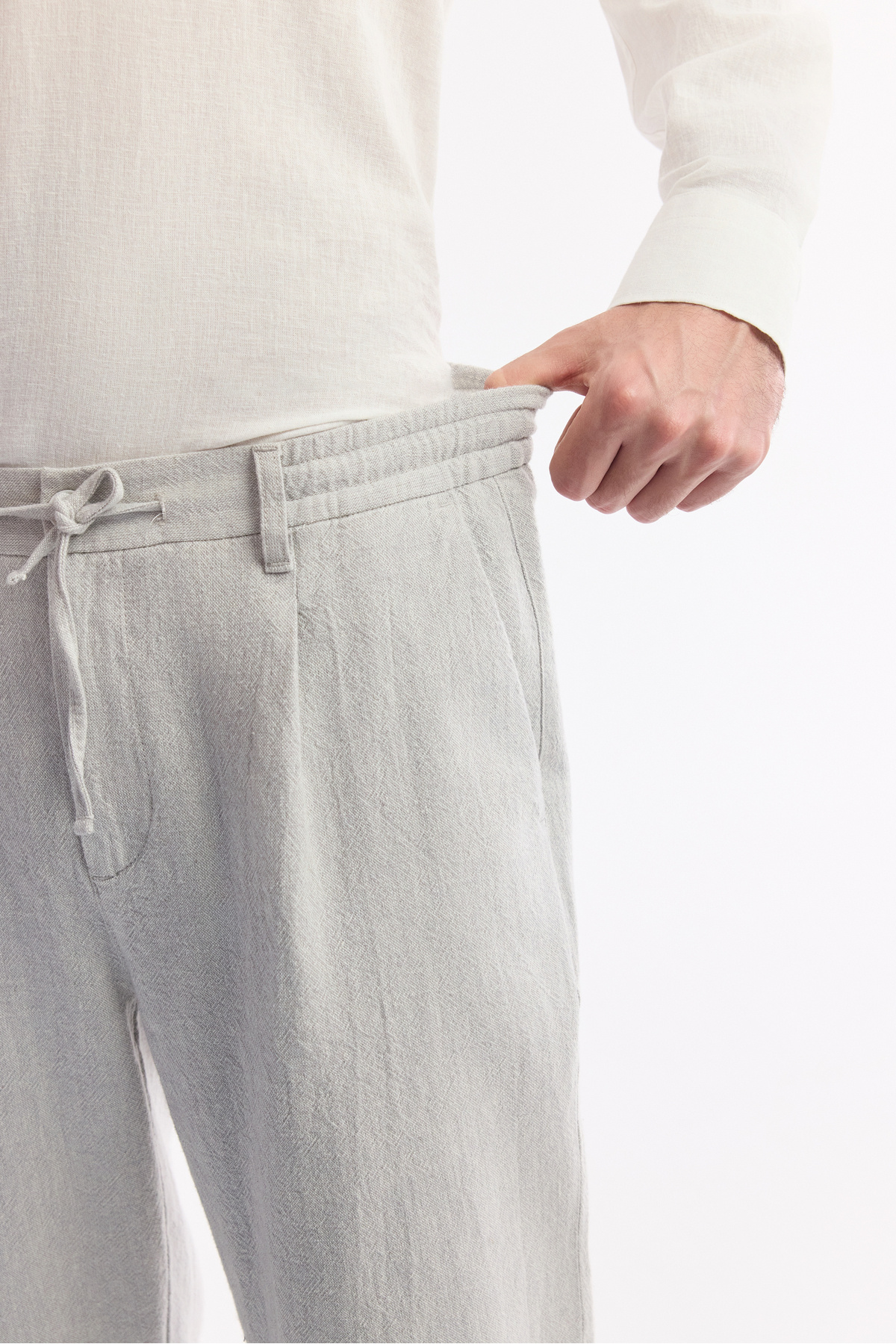 Avva Erkek Gri Beli Bağcıklı Keten Karışımlı Chino Relaxed Fit Pantolon B003036 görsel 5