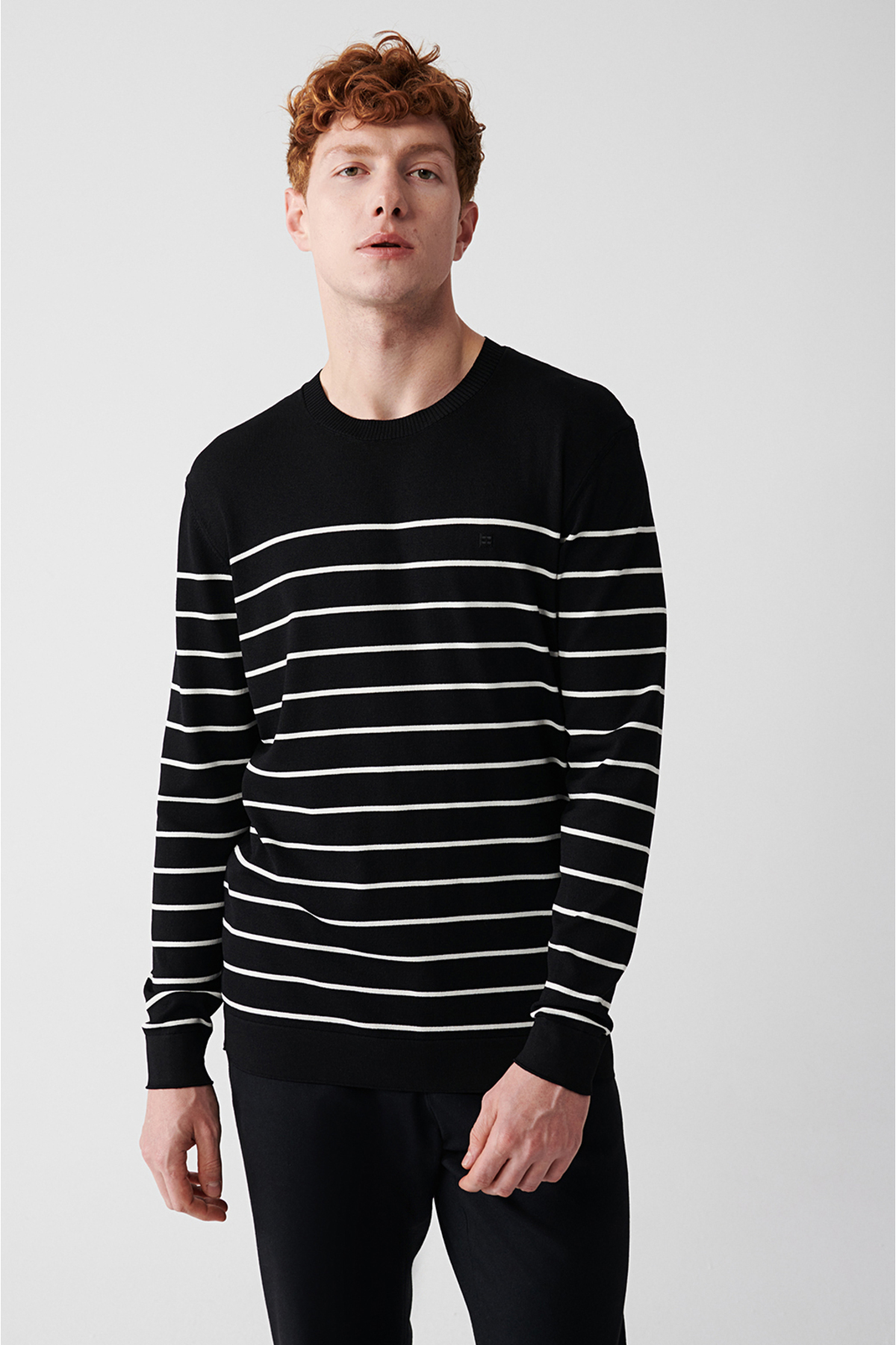 Avva Erkek Siyah Bisiklet Yaka Çizgili Rayon Triko Regular Fit Kazak A32Y5187 görsel 3