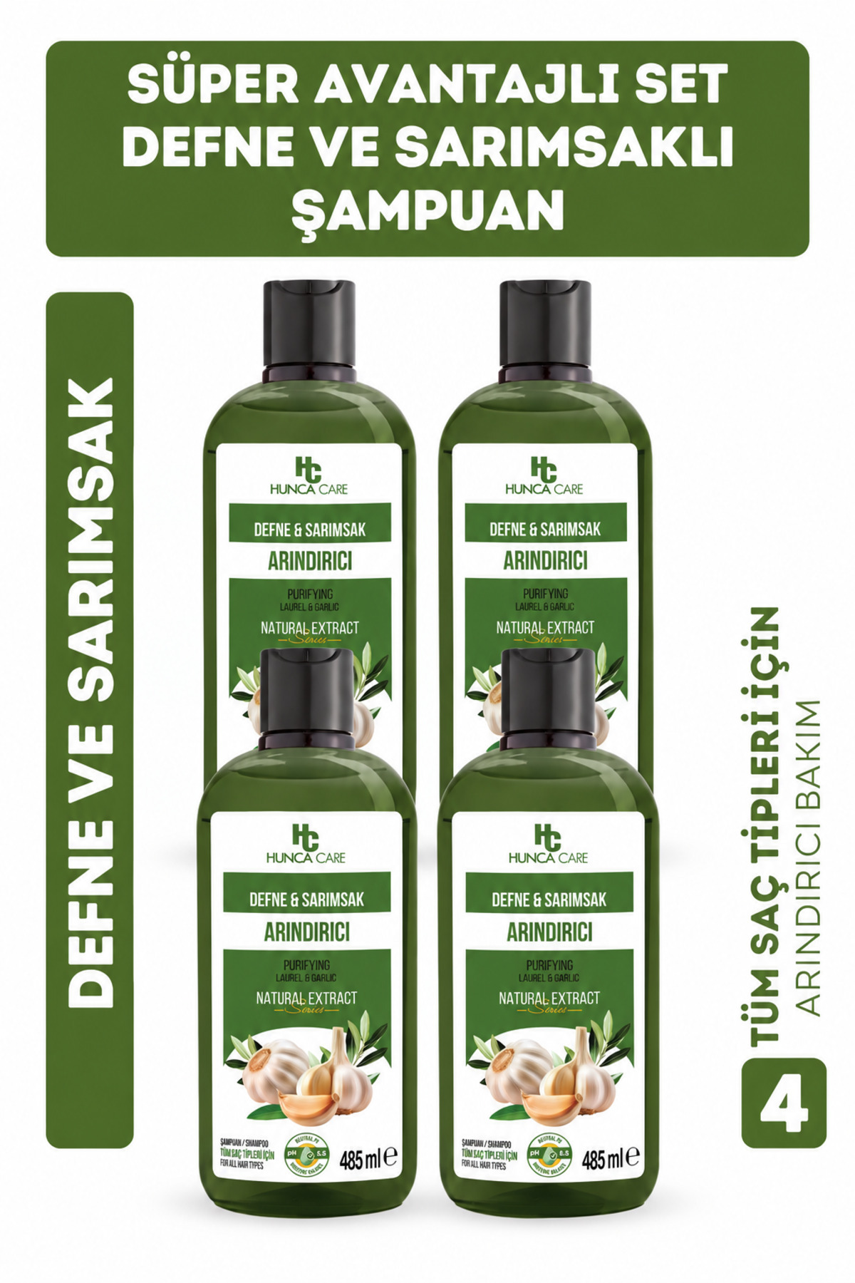 Hunca Care Defne Ve Sarımsaklı Şampuan, Saç Dökülmesine Karşı Yardımcı 485 ml 4lü Set — defnex4