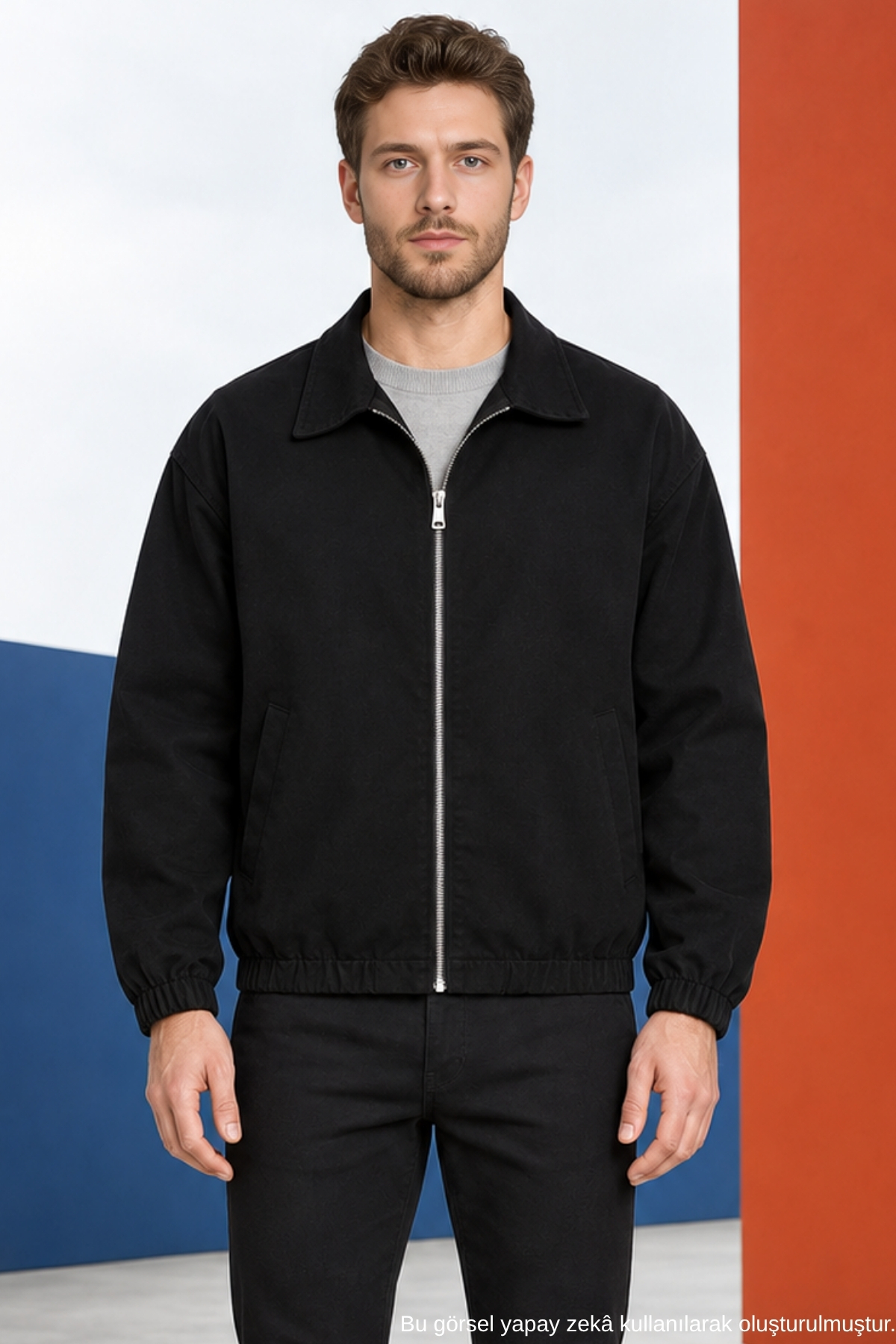 Freemen Erkek Basic Gabardin Kumaş Fermuarlı Oversize Mevsimlik Polo Yaka Siyah Ceket