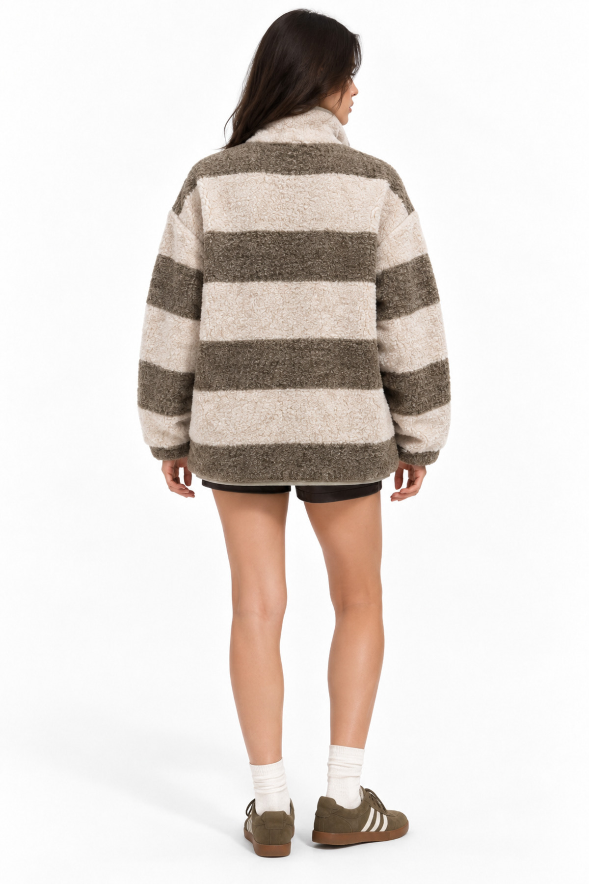 Mixray 4981 Kadın Kahve Çizgili Cepli Yumuşak Dokulu Polar Sweatshirt görsel 5