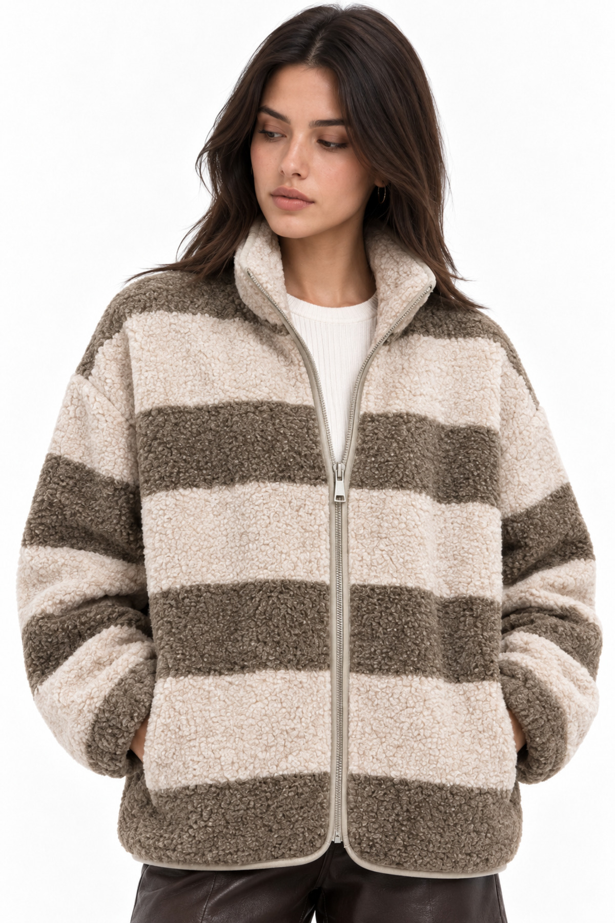 Mixray 4981 Kadın Kahve Çizgili Cepli Yumuşak Dokulu Polar Sweatshirt görsel 2