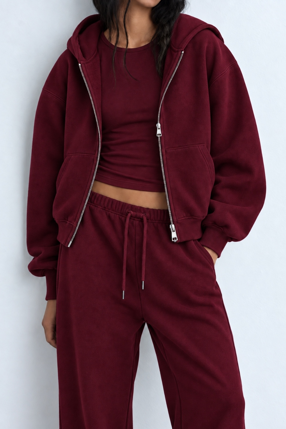 The Champ Clothing İçi Polar Oversize Kesim Kapüşonlu Fermuarlı Bordo Eşofman Takımı görsel 5