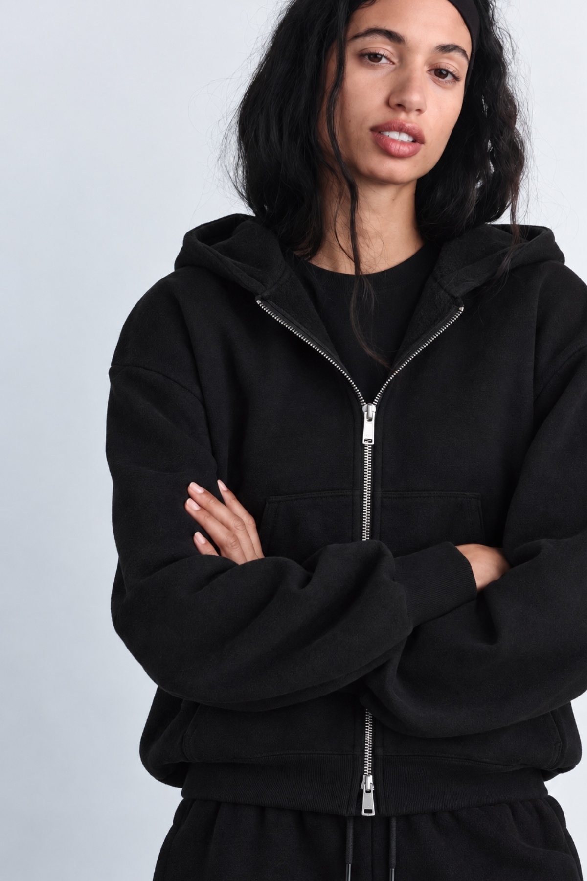 The Champ Clothing İçi Polar Oversize Kesim Kapüşonlu fermuarlı Siyah Eşofman Takımı görsel 3