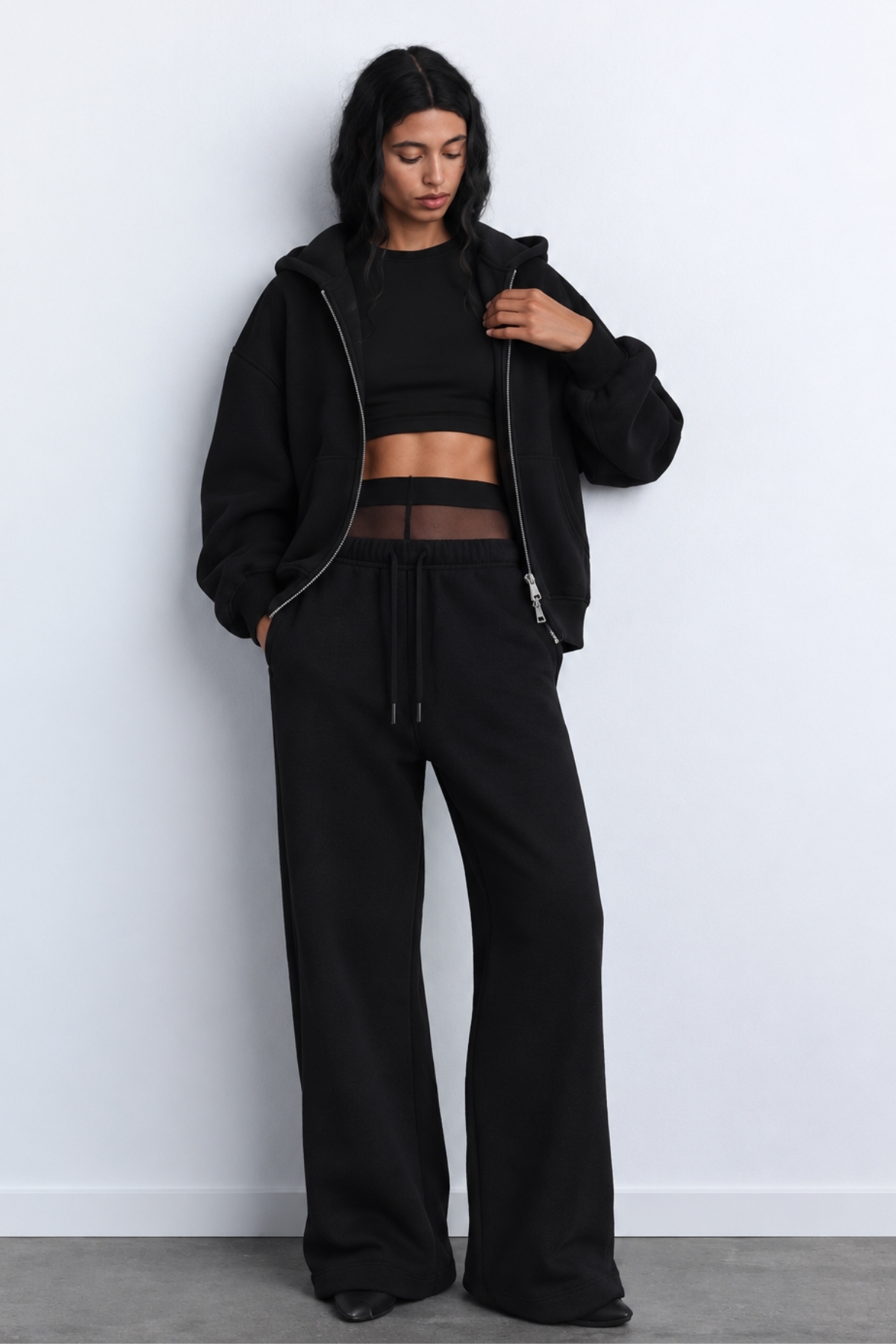 The Champ Clothing İçi Polar Oversize Kesim Kapüşonlu fermuarlı Siyah Eşofman Takımı