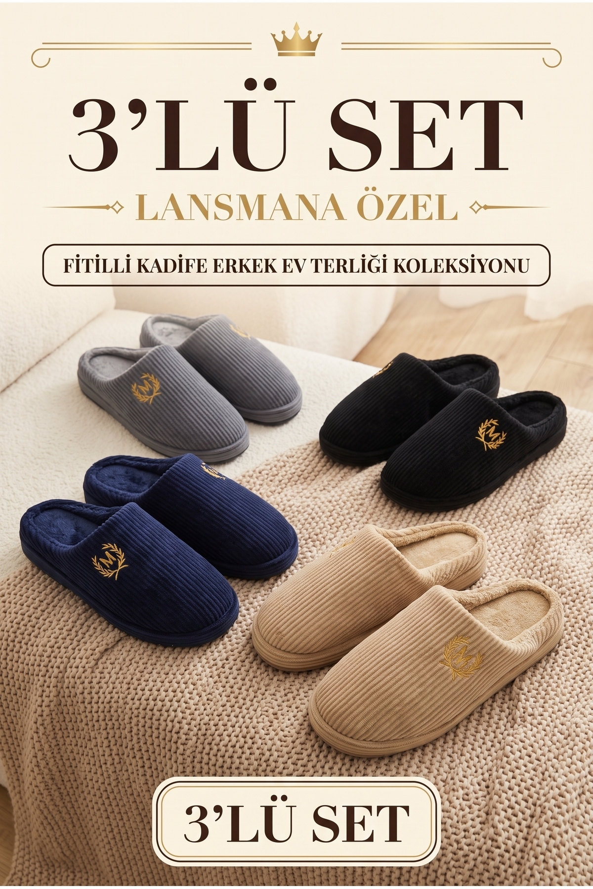 StWenn 3'lü Paket Erkek Kadife Ev Terliği Çeyiz Terliği Kışlık Terlik Ses Yapmaz Hafif Taban