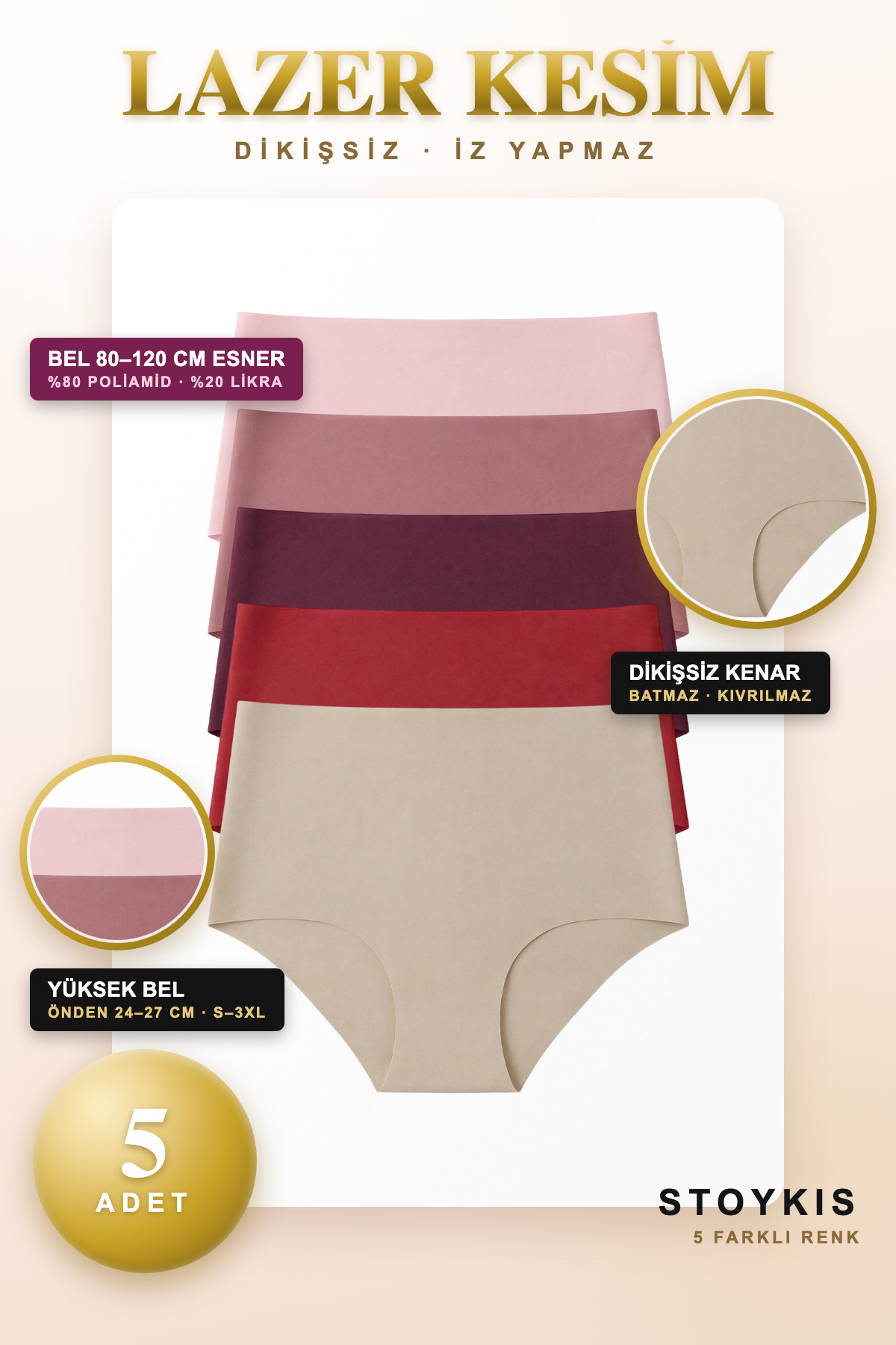 Stoykis 5'li Paket Lazer Kesim Dikişsiz Yüksek Bel Toparlayıcı Kadın Külot Seti - Ekstra Esnek Ve İz Yapmaz