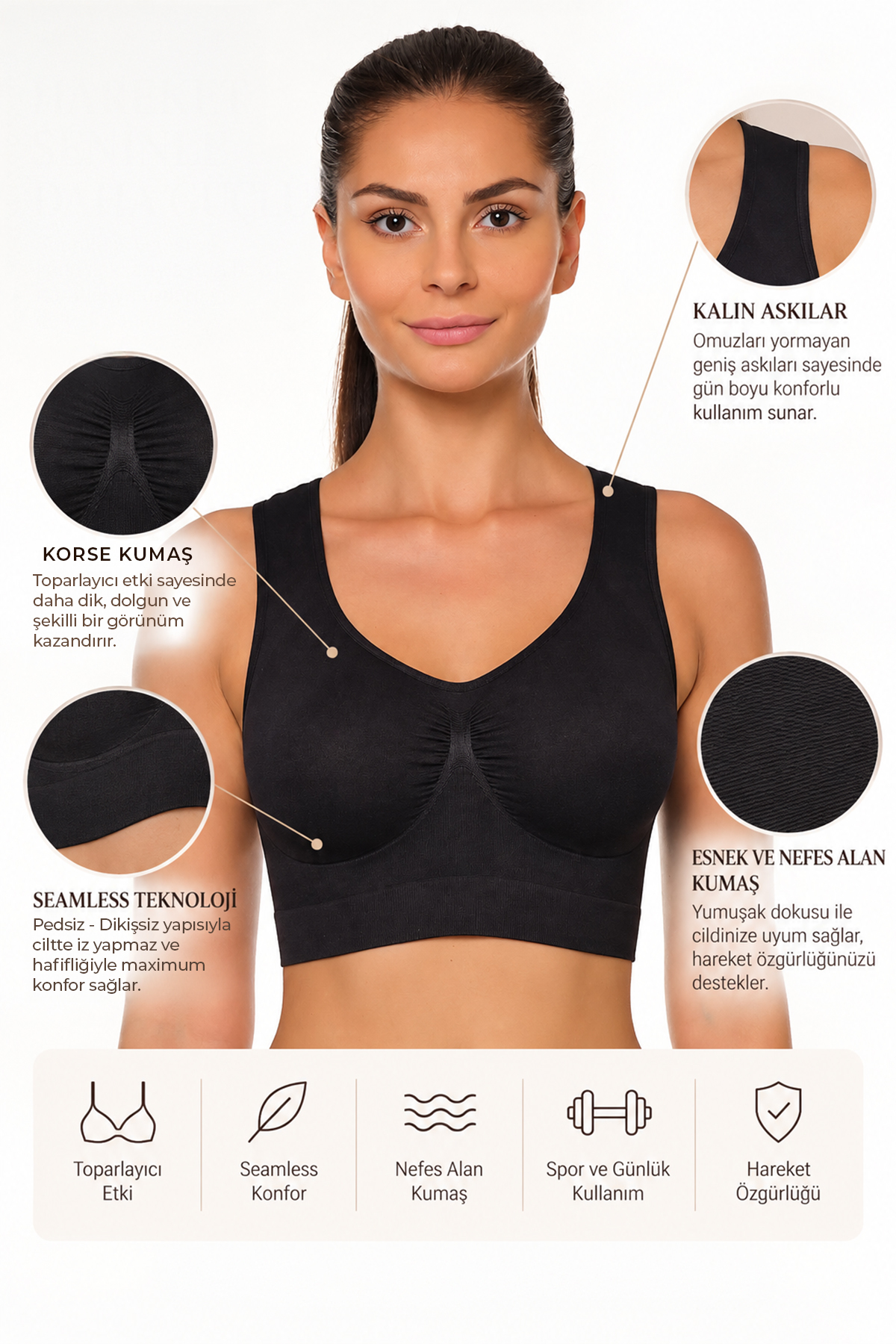 LoraDream Seamless Kalın Askılı Toparlayıcı Sporcu Sütyen 4001