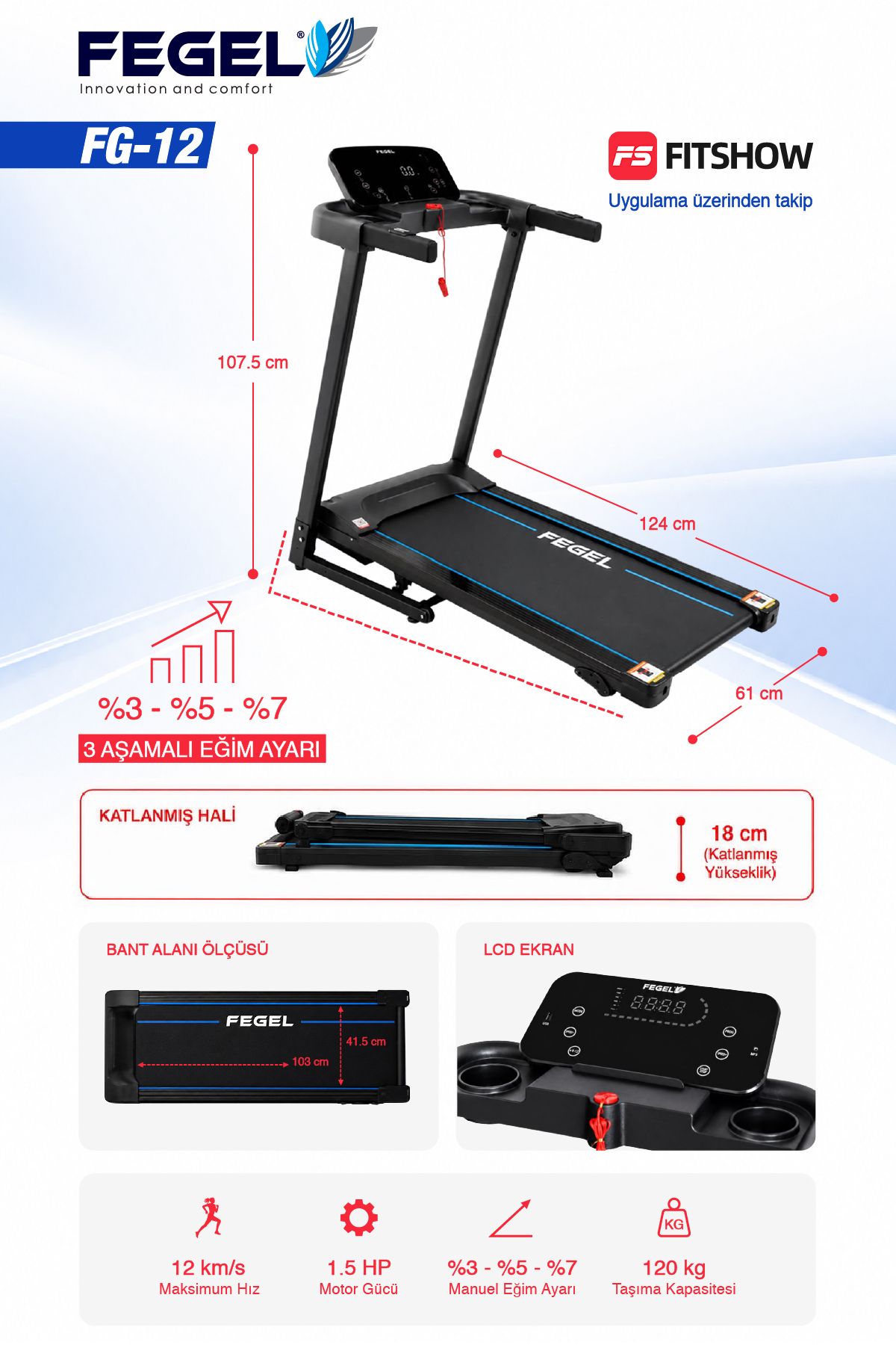 Fegel Comfort FG-12 Manuel Eğimli FitShow Destekli Bluetooth Hoparlörlü Katlanabilir Koşu Bandı