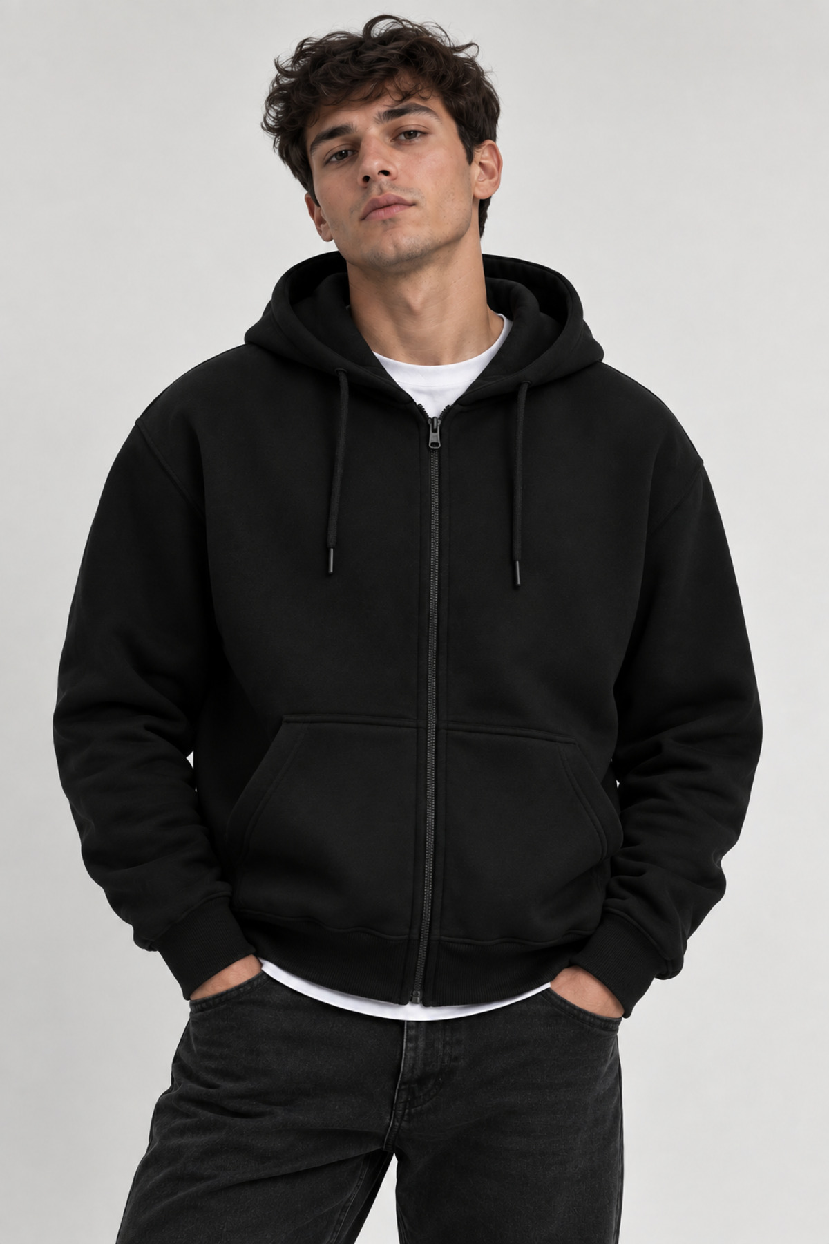 CLIPMAN Erkek Slim Fit Örgü 3 İplik Fermuarlı Polar Hırka Siyah görsel 3