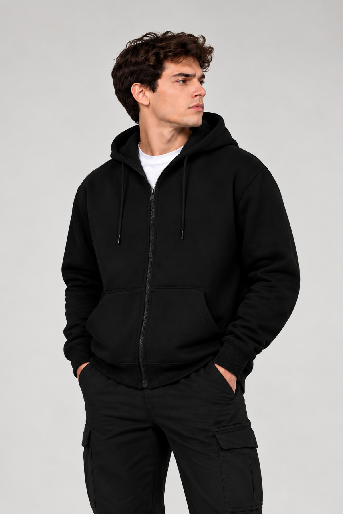 CLIPMAN Erkek Slim Fit Örgü 3 İplik Fermuarlı Polar Hırka Siyah görsel 4