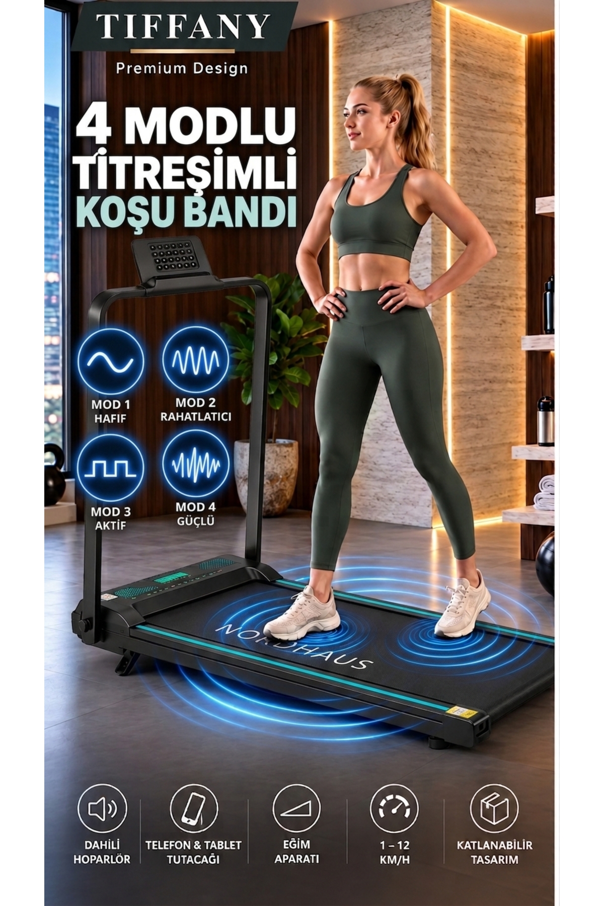 Tiffany 2 in 1 Titreşim Modlu 2 HP Koşu Bandı / Yürüme Bandı Bluetooth Uygulama Destekli 1-12 KM/H
