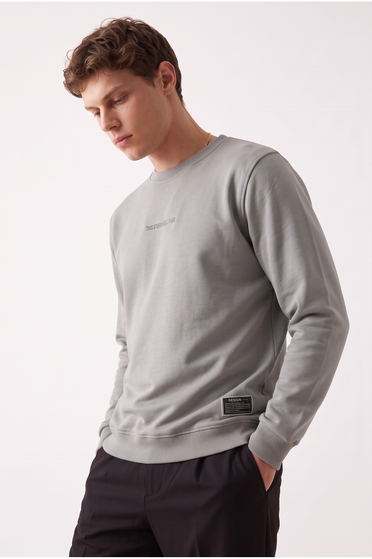 aziso Erkek Nakışlı Slim Fit Bisiklet Yaka Gri Sweatshirt 3 Iplilk Şardonlu Kumaş görsel 3