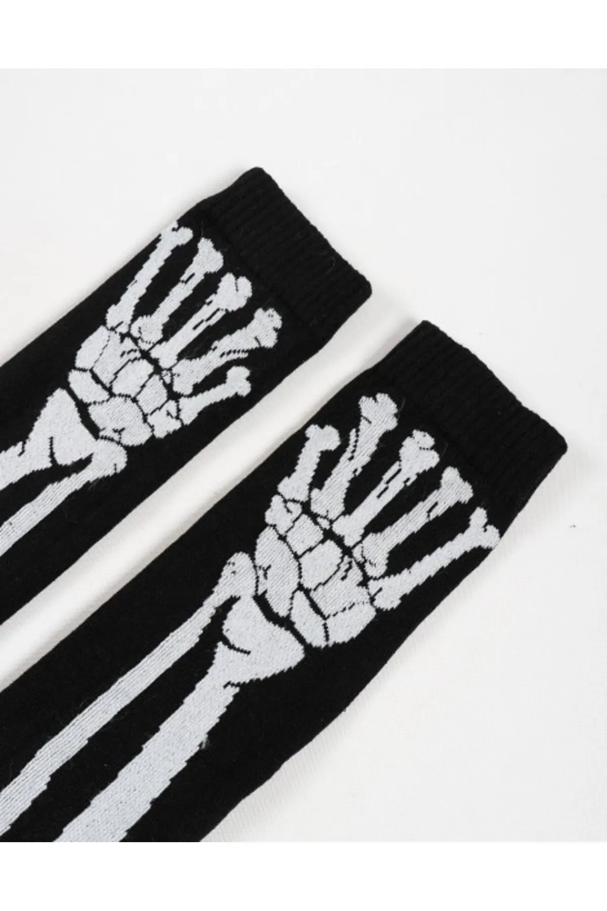 FG KONNİCHİWA KONNİCHİWA İskelet Kemik Desenli Parmaksız Uzun Kolluk, Siyah Beyaz Gotik Punk Kol Aksesuarı görsel 4