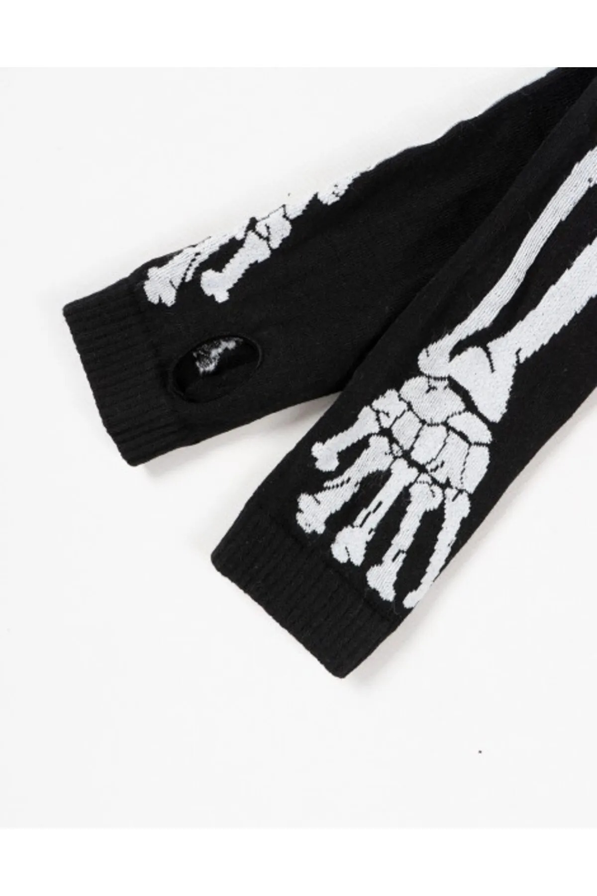 FG KONNİCHİWA KONNİCHİWA İskelet Kemik Desenli Parmaksız Uzun Kolluk, Siyah Beyaz Gotik Punk Kol Aksesuarı görsel 5