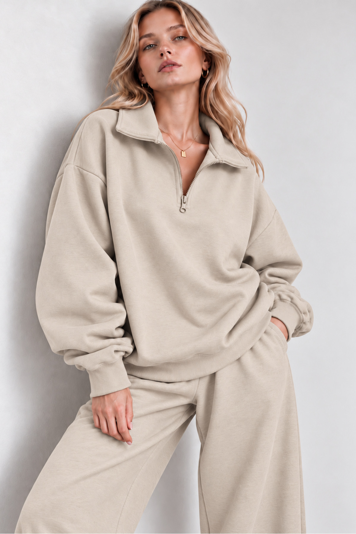 Kadın Krem Polo Yaka Oversize 3 Iplik Şardonlu Sweatshirt — بژ svyarımfermuarpoloyaka — تصویر 3 از 5