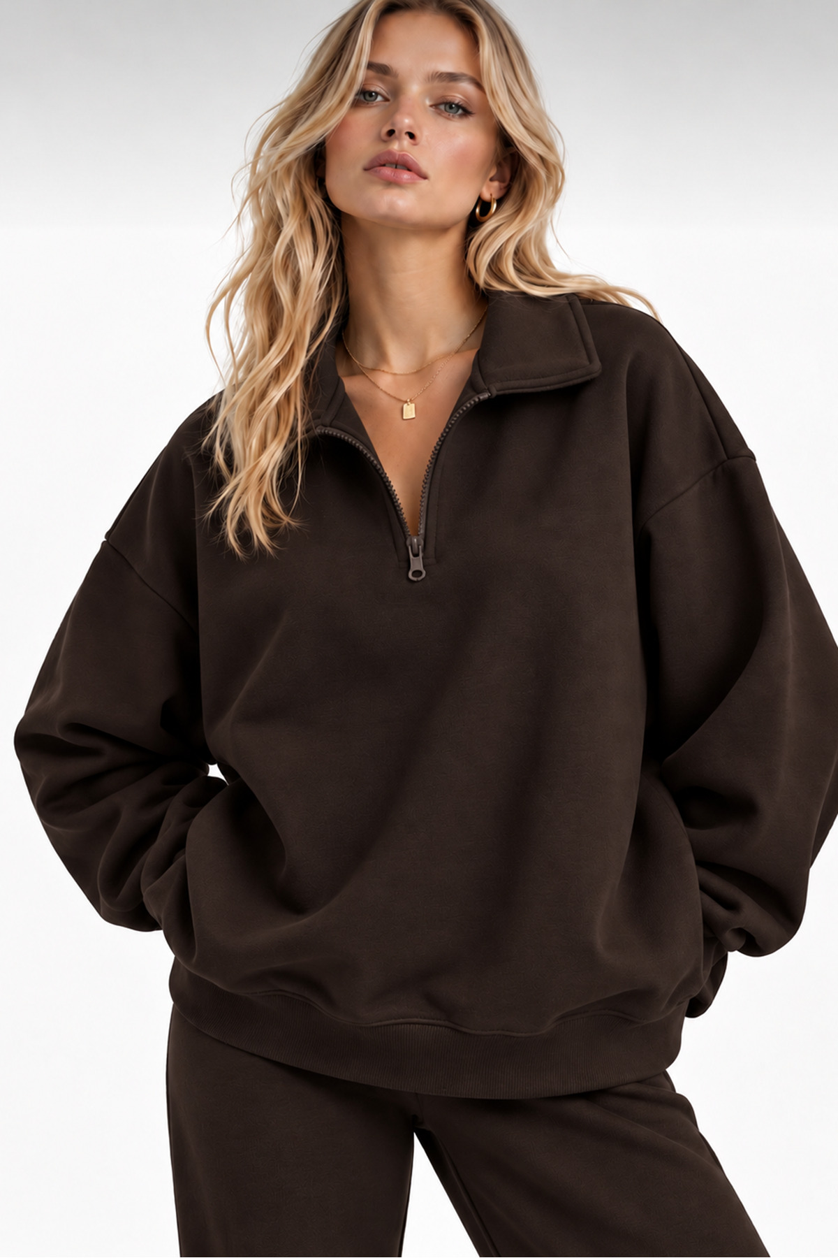 Kadın Kahverengi Polo Yaka Oversize 3 Iplik Şardonlu Sweatshirt — قهوه‌ای svyarımfermuarpoloyaka