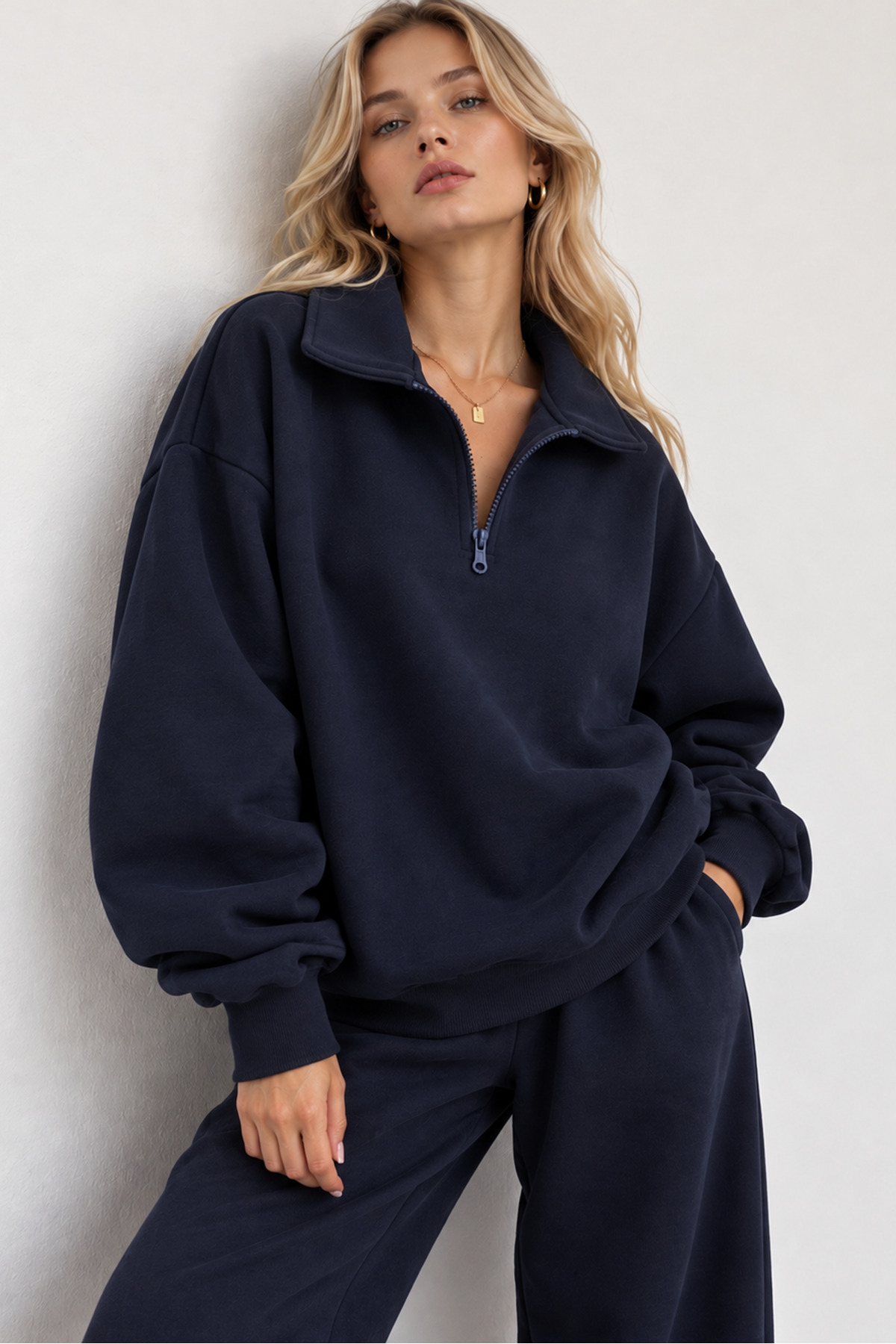 Kadın Lacivert Polo Yaka Oversize 3 Iplik Şardonlu Sweatshirt — سرمه‌ای svyarımfermuarpoloyaka — تصویر 4 از 4