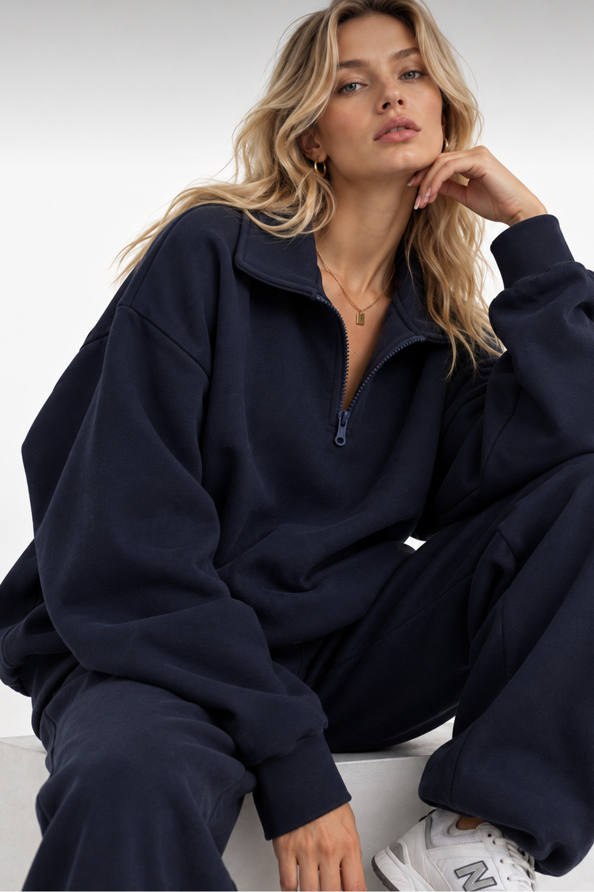 Sun Victoria Kadın Lacivert Polo Yaka Oversize 3 Iplik Şardonlu Sweatshirt