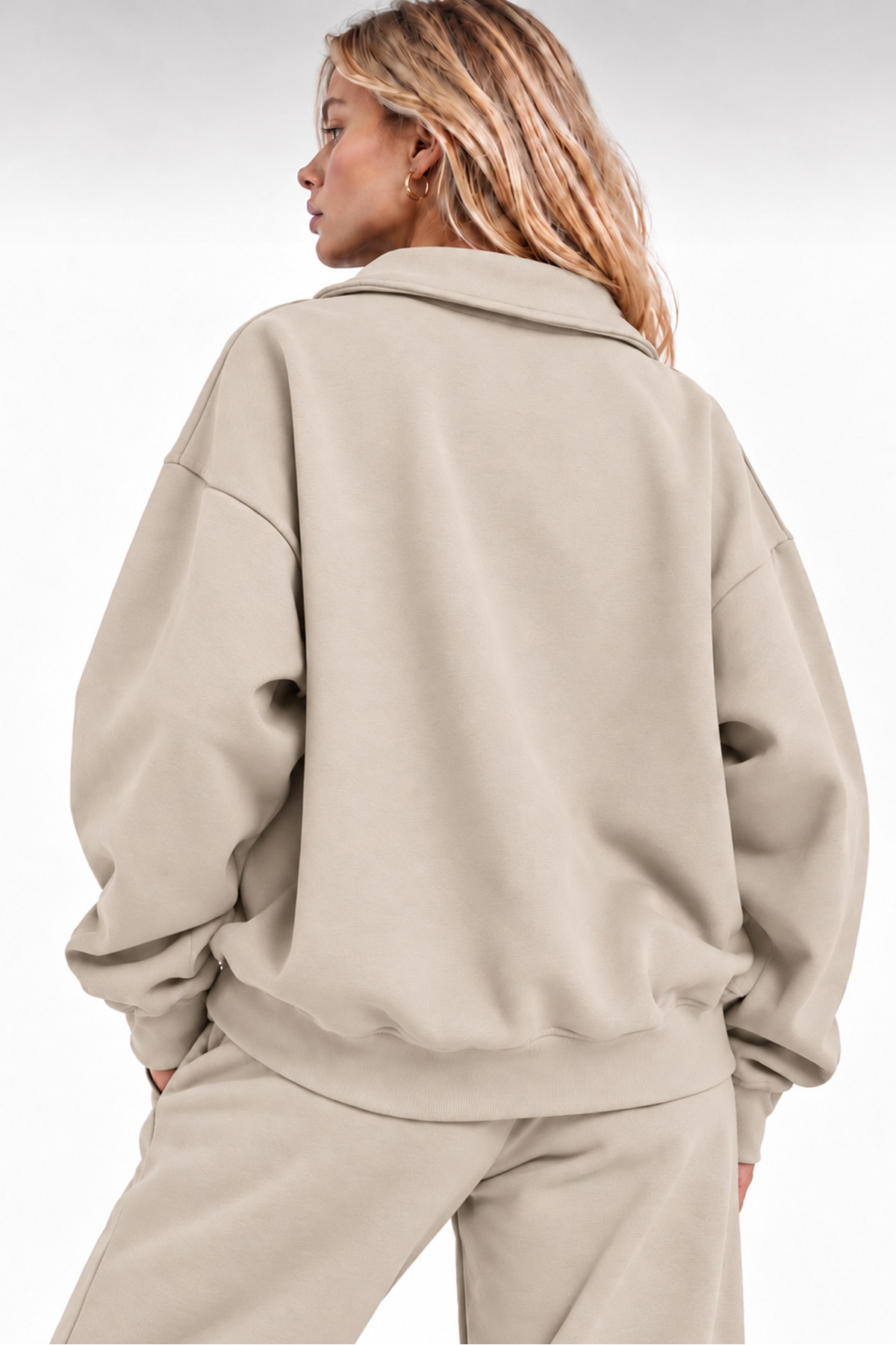 Kadın Krem Polo Yaka Oversize 3 Iplik Şardonlu Sweatshirt — بژ svyarımfermuarpoloyaka — تصویر 5 از 5
