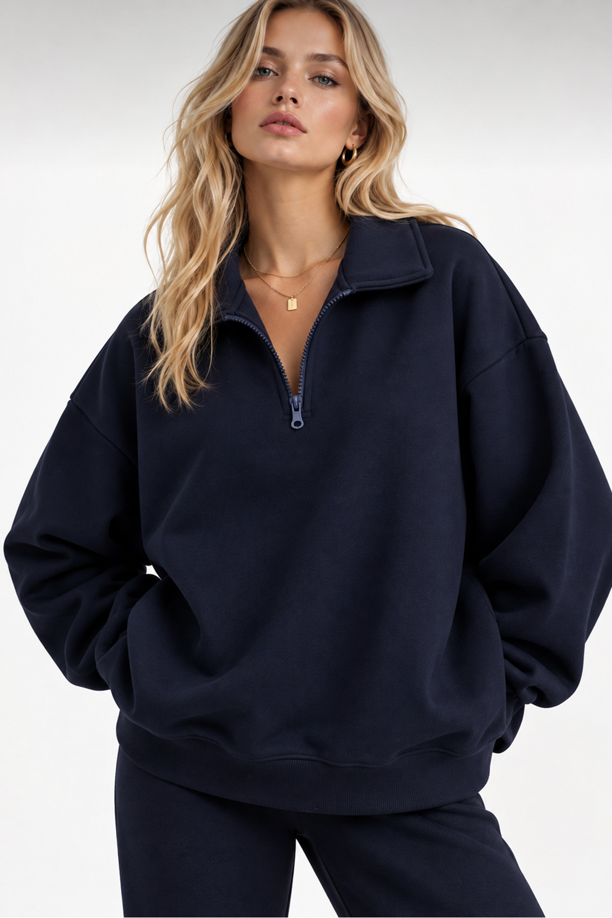 Kadın Lacivert Polo Yaka Oversize 3 Iplik Şardonlu Sweatshirt — سرمه‌ای svyarımfermuarpoloyaka — تصویر 3 از 4